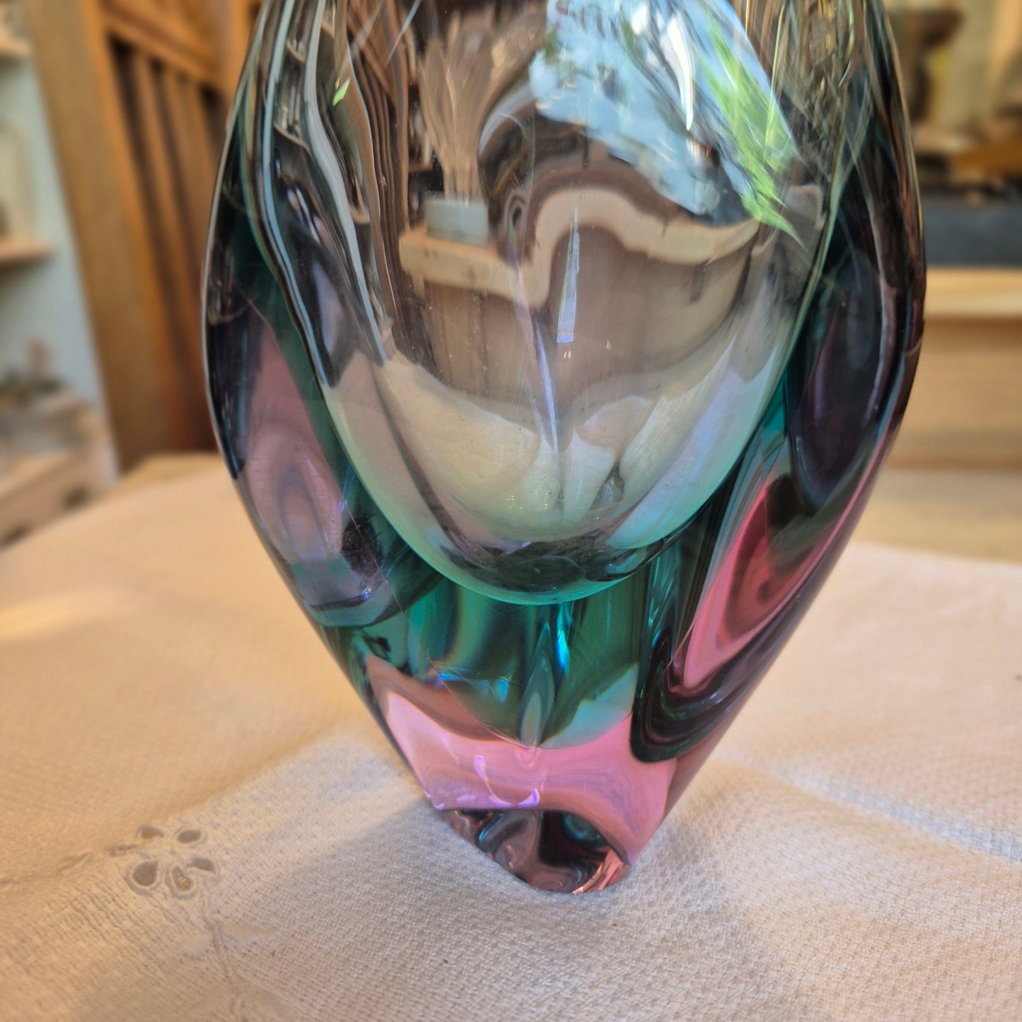 50er Jahre Glas Vase wie Murano blau rosa