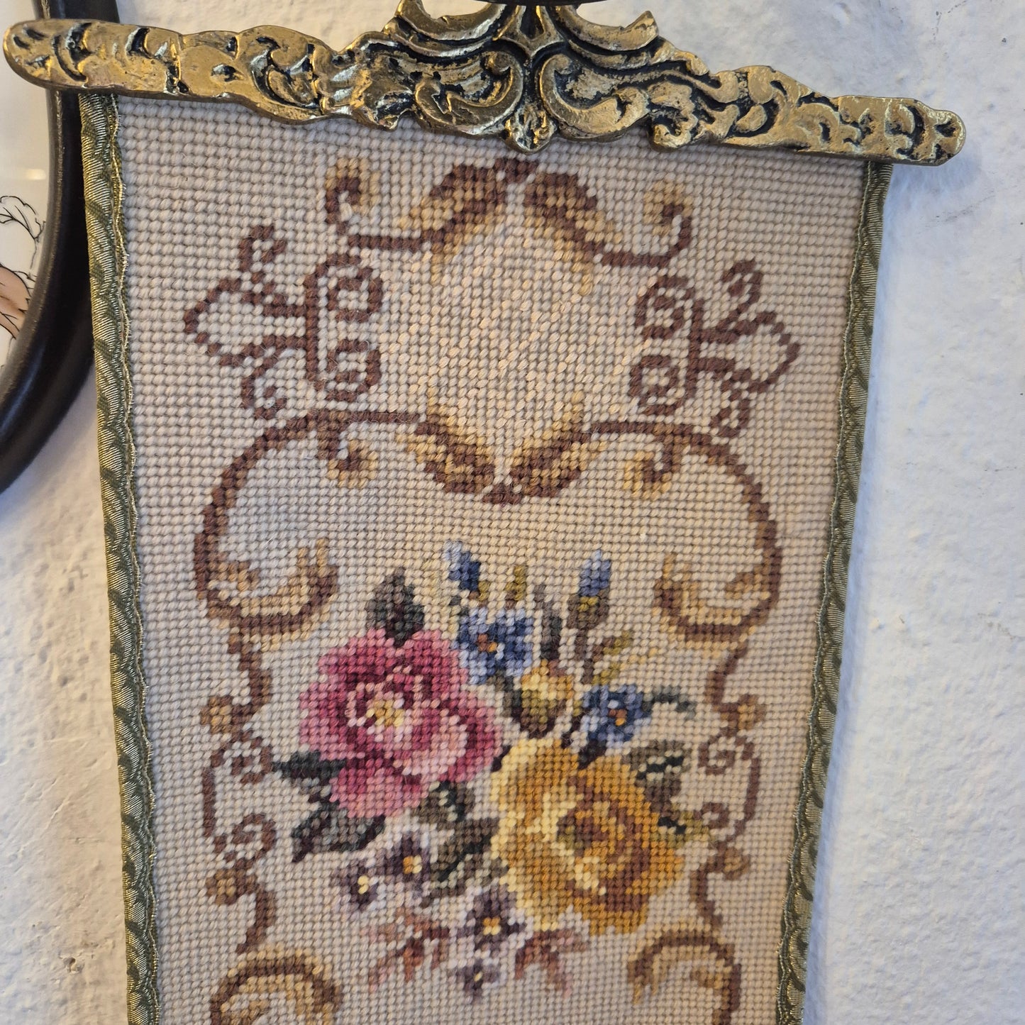 Wandbehang im Gobelin Stil echte Handarbeit & Glocke Türglöcke Tapisserie Bildwirkerei Vintage 60er Jahre
