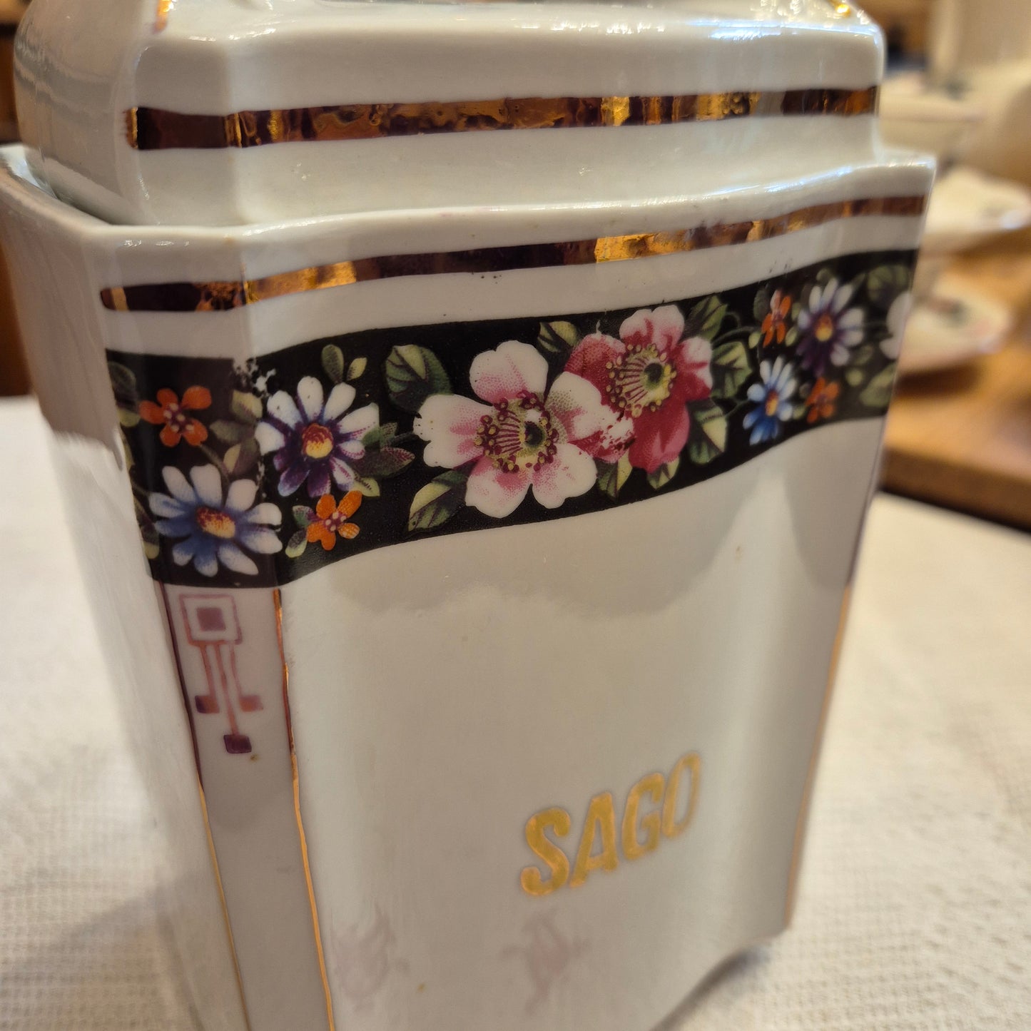 Antike Porzellan Vorratsdose Sago Art Deco um 1930 Blumen weiß