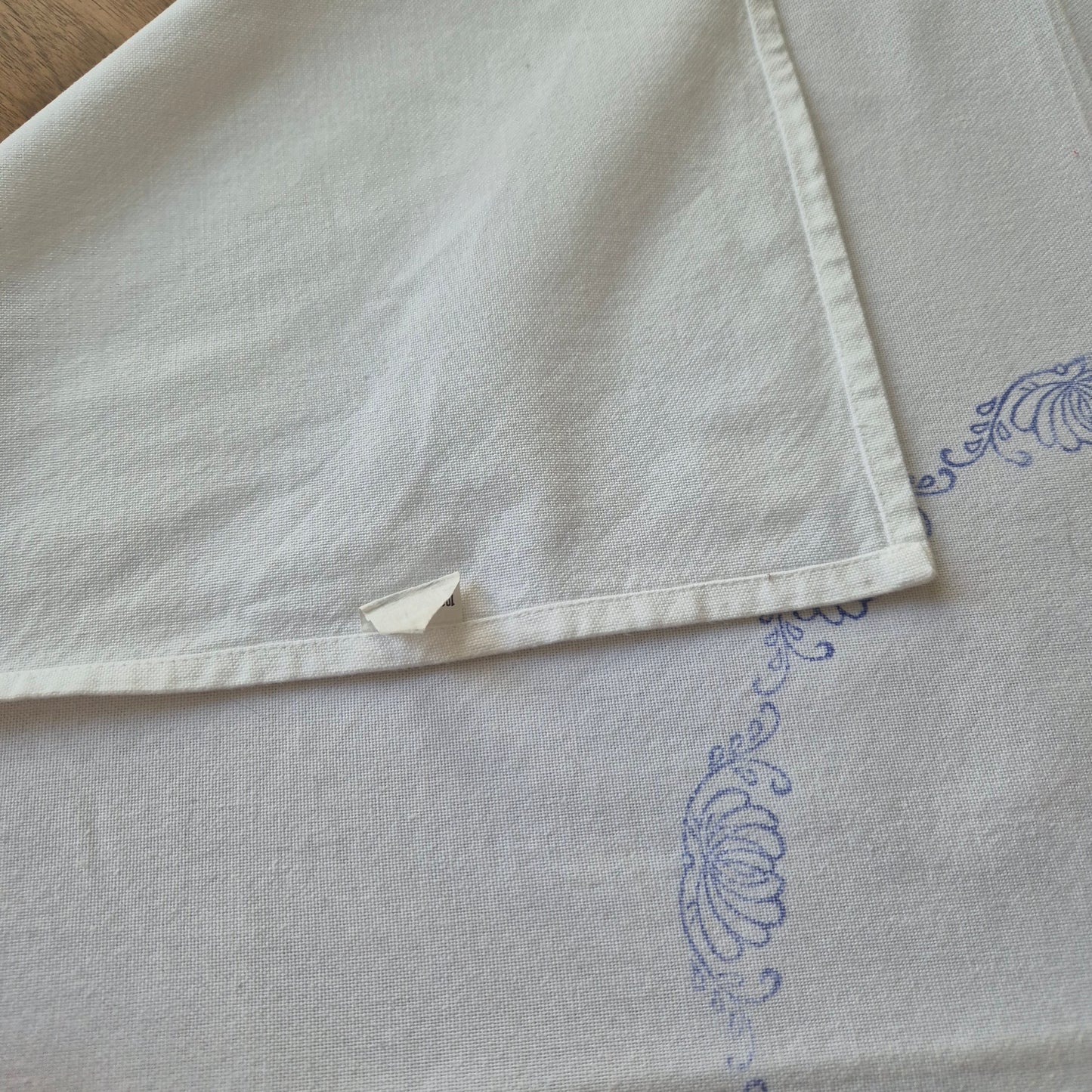 Vintage Baumwolle Tischdecke weiß blau bedruckt Stempel 96x97cm