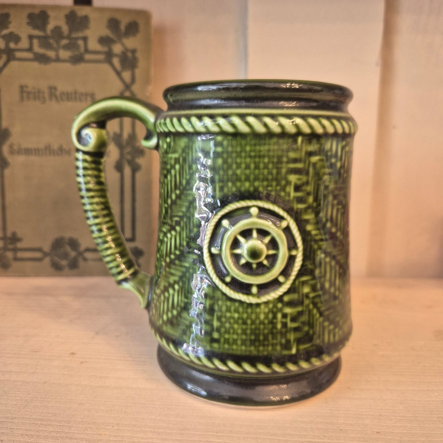 Vintage Keramik Bierkrug Grün Geschenk mit Schiff Motiv