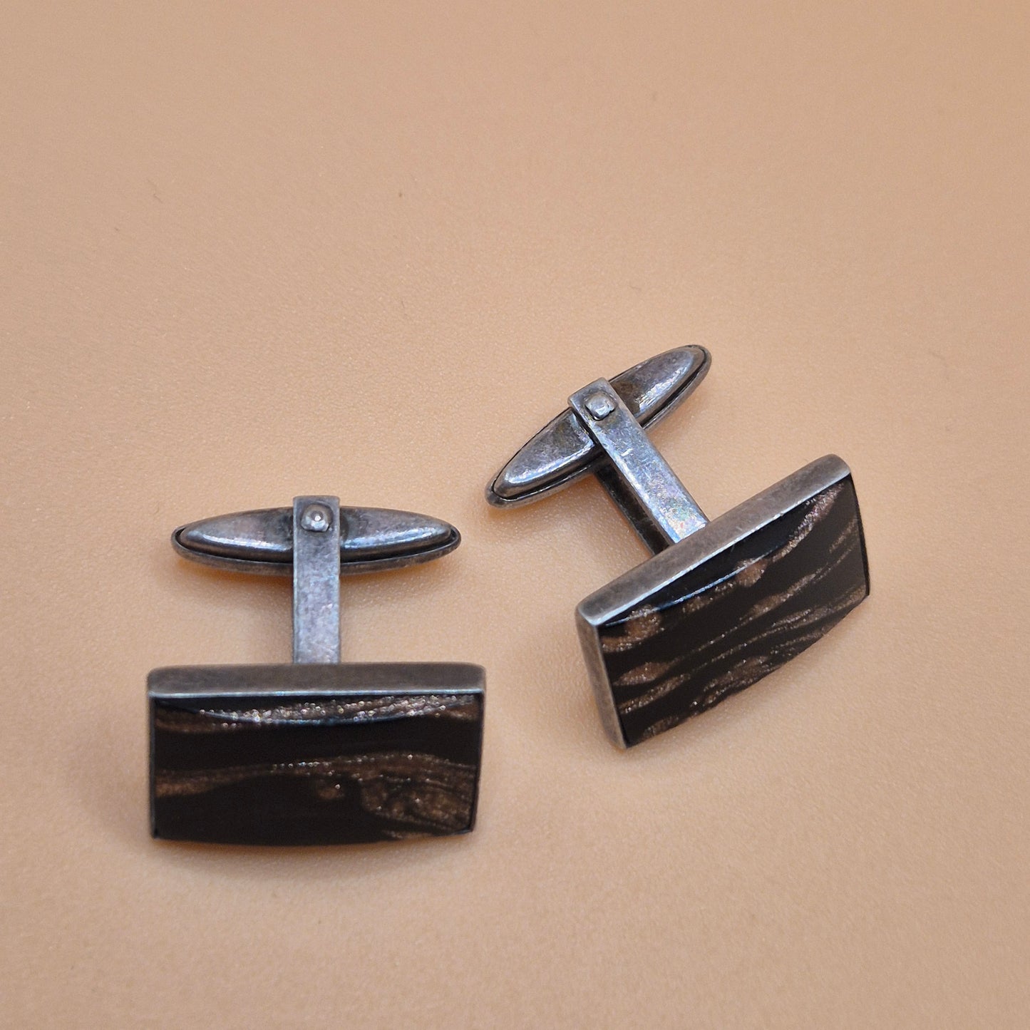 Vintage alte Manschettenknöpfe 835 echt Silber schwarz mit Glitzer!