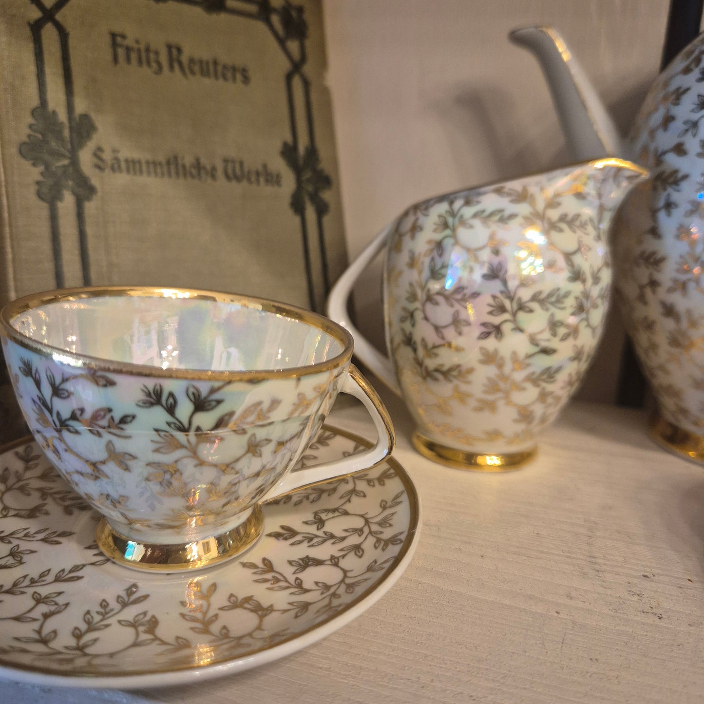 Vintage Mokkaservice für 3 Personen 60er Jahre Retro Schimmer Gold grau