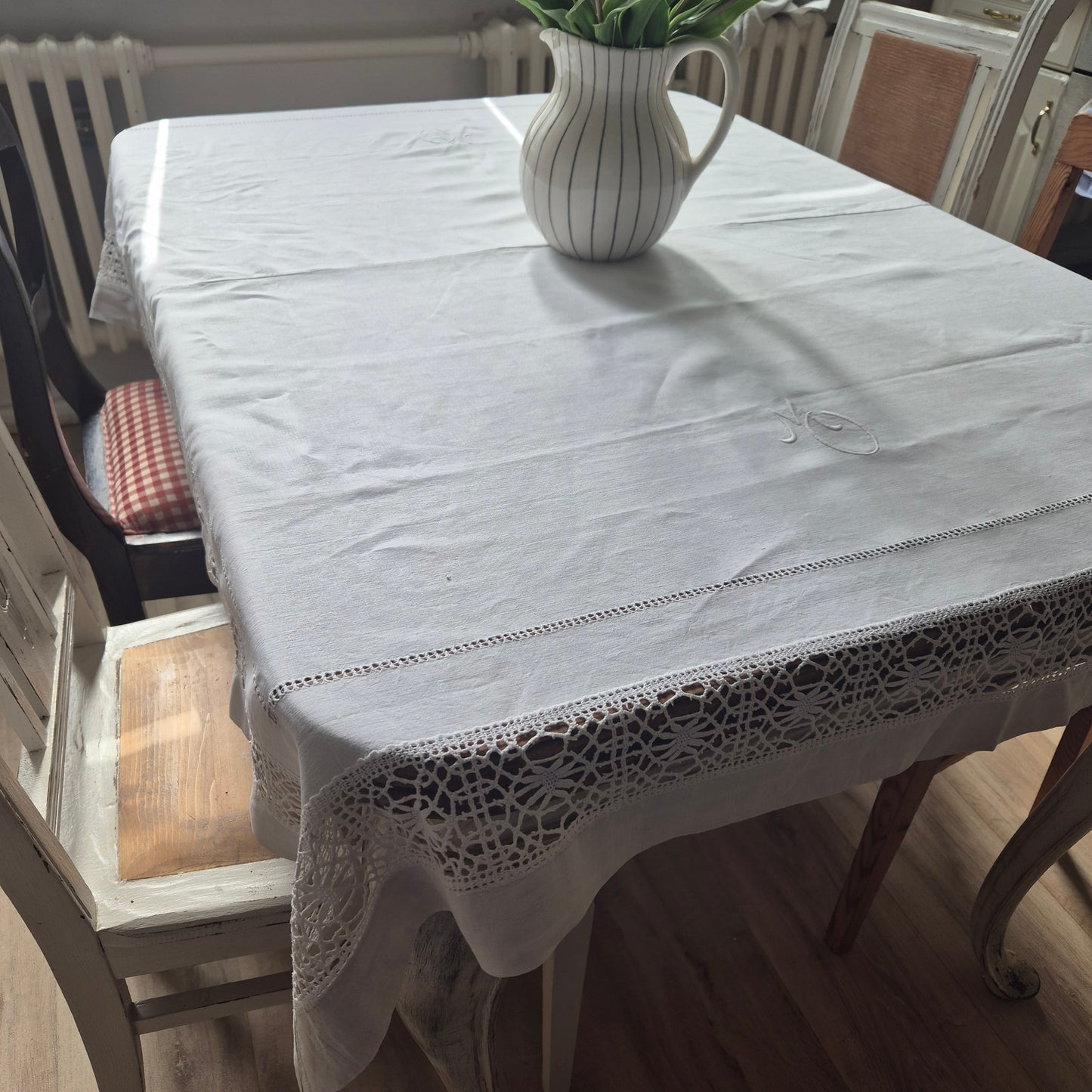 Antike Tischwäsche Leinen/Baumwolle Spitze weiß 120x140cm Tafel Königlich wunderschön! Monogramm M.O. ein Fleck 🤍