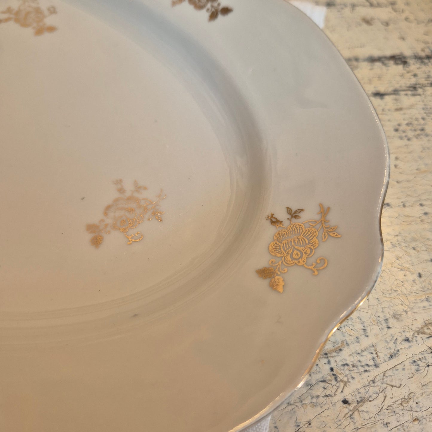 Antike Ovale Porzellan Servierplatte * Brocante * Vintage * Reinecke gold weiß