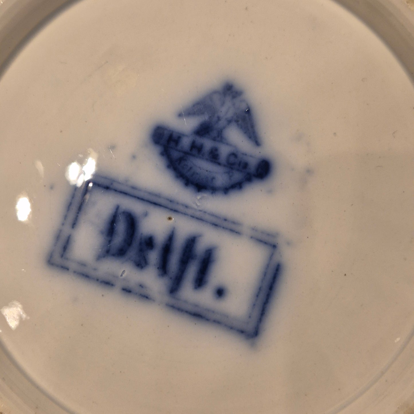 Antike H.H & Cie Delft Vorratsdose ohne Deckel blau weiß 120Jahre alt Kochlöffelhalter Aufschrift "Sago."
