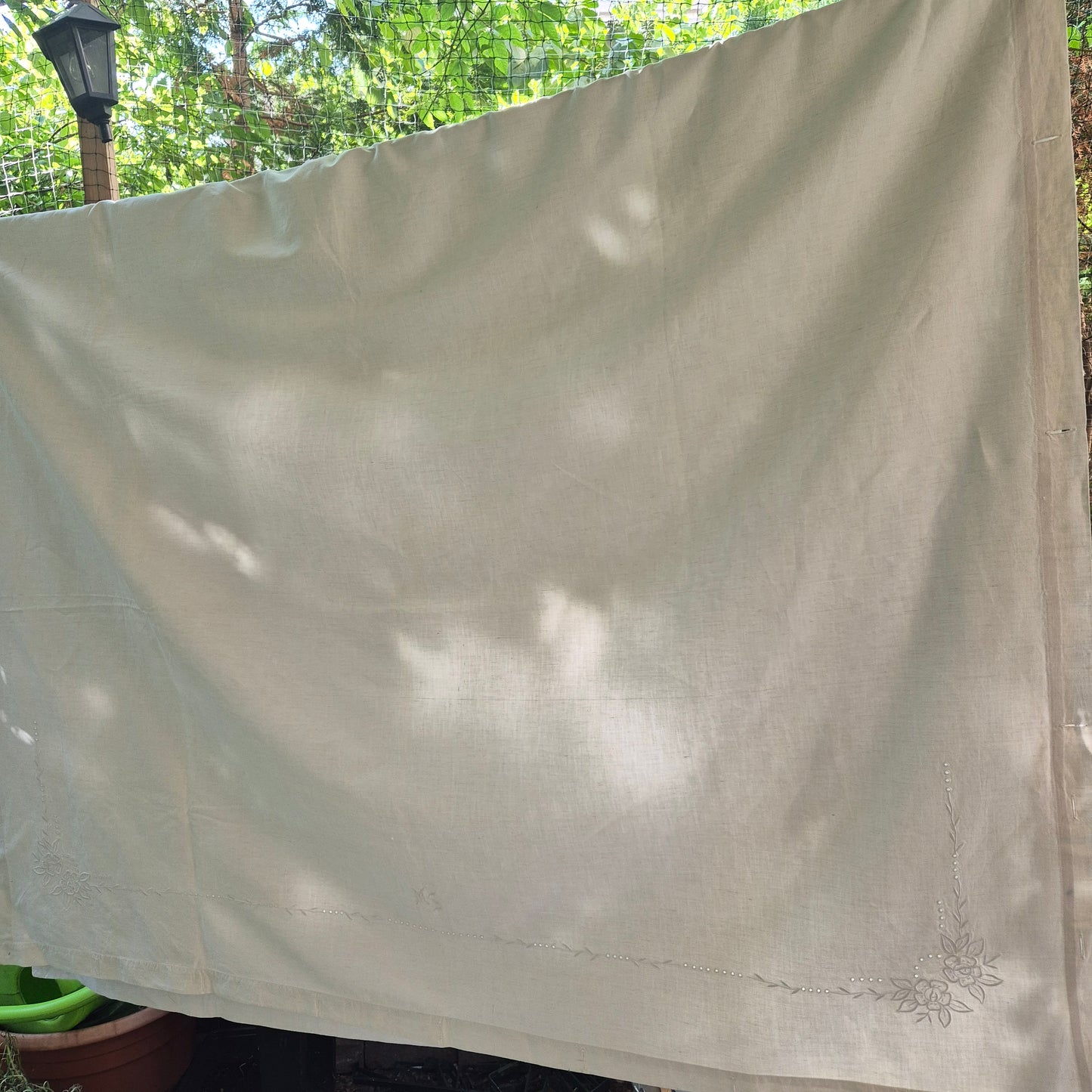 Antikes Bettlaken/Bettüberwurf Baumwolle mit Monogramm M.S. 150x235cm weiß