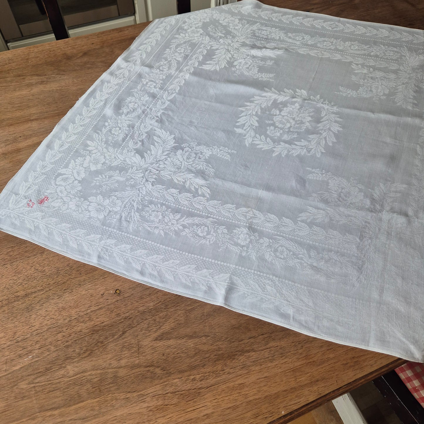 Antike Handgemachte Baumwolle Serviette 75x75cm Mitteldecke Monogramm S.F beschädigt