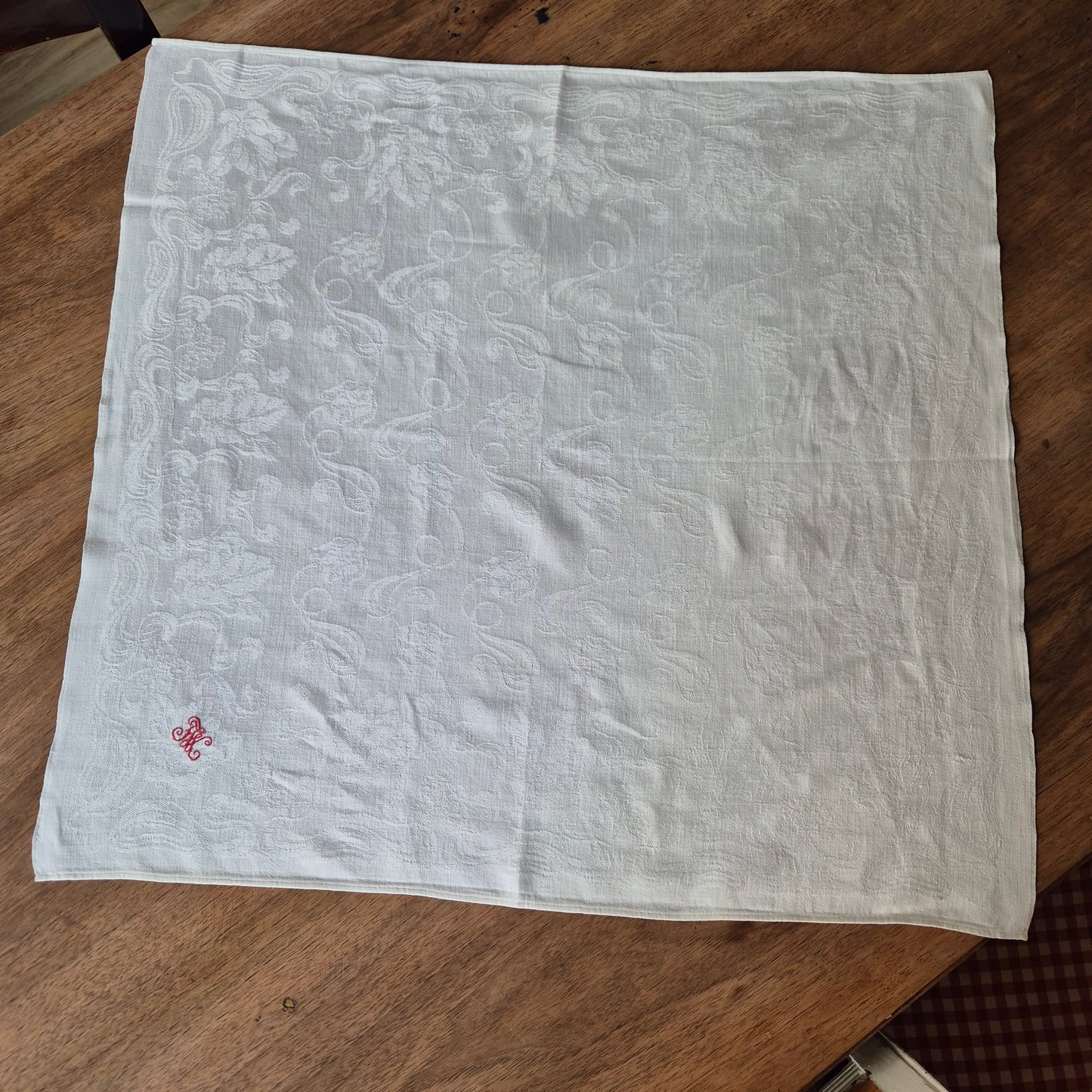 Antike Jugendstil Serviette Damast Baumwolle Monogramm F.W. weiß