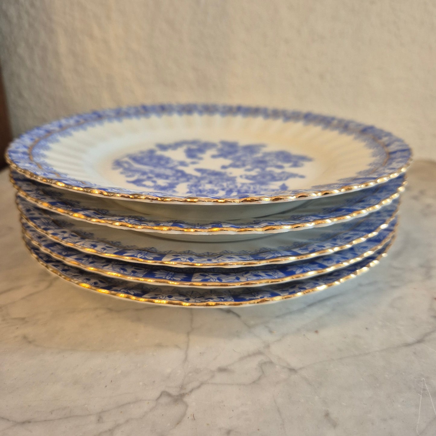 5x Antike Kuchenteller Echt Tuppack China Blau Tiefenfurt Blau Weiß & Rosslau