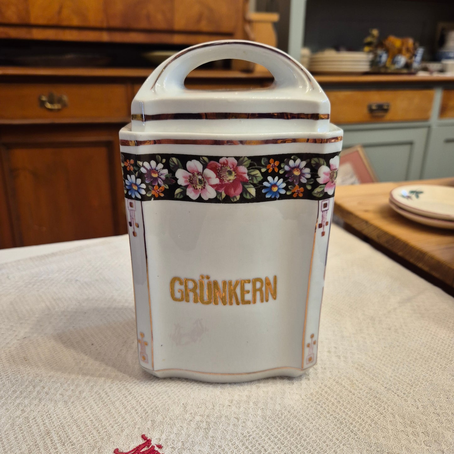 Antike Porzellan Vorratsdose Grünkern Art Deco um 1930 blumen weiß