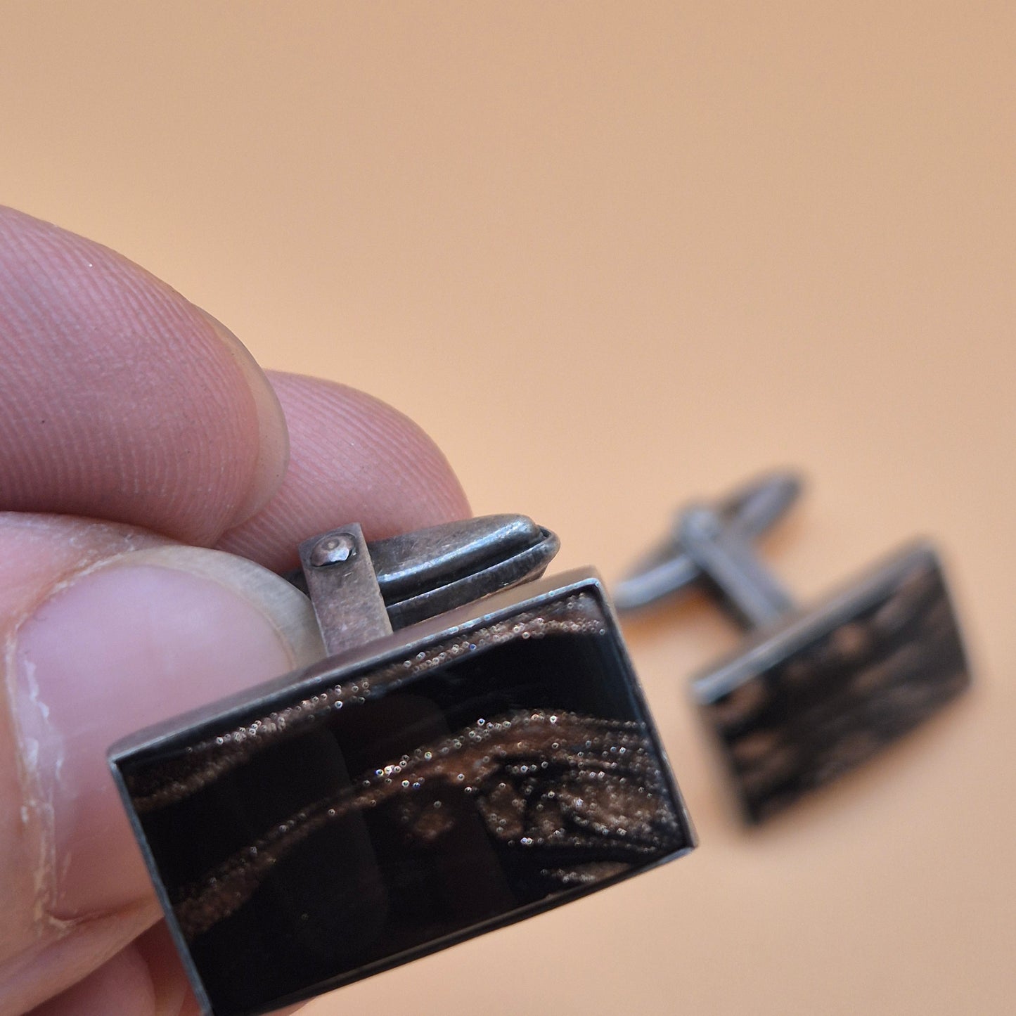 Vintage alte Manschettenknöpfe 835 echt Silber schwarz mit Glitzer!