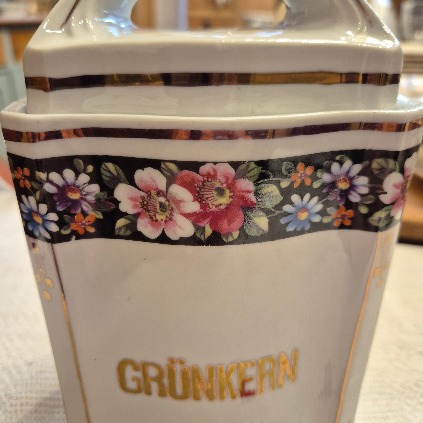 Antike Porzellan Vorratsdose Grünkern Art Deco um 1930 blumen weiß