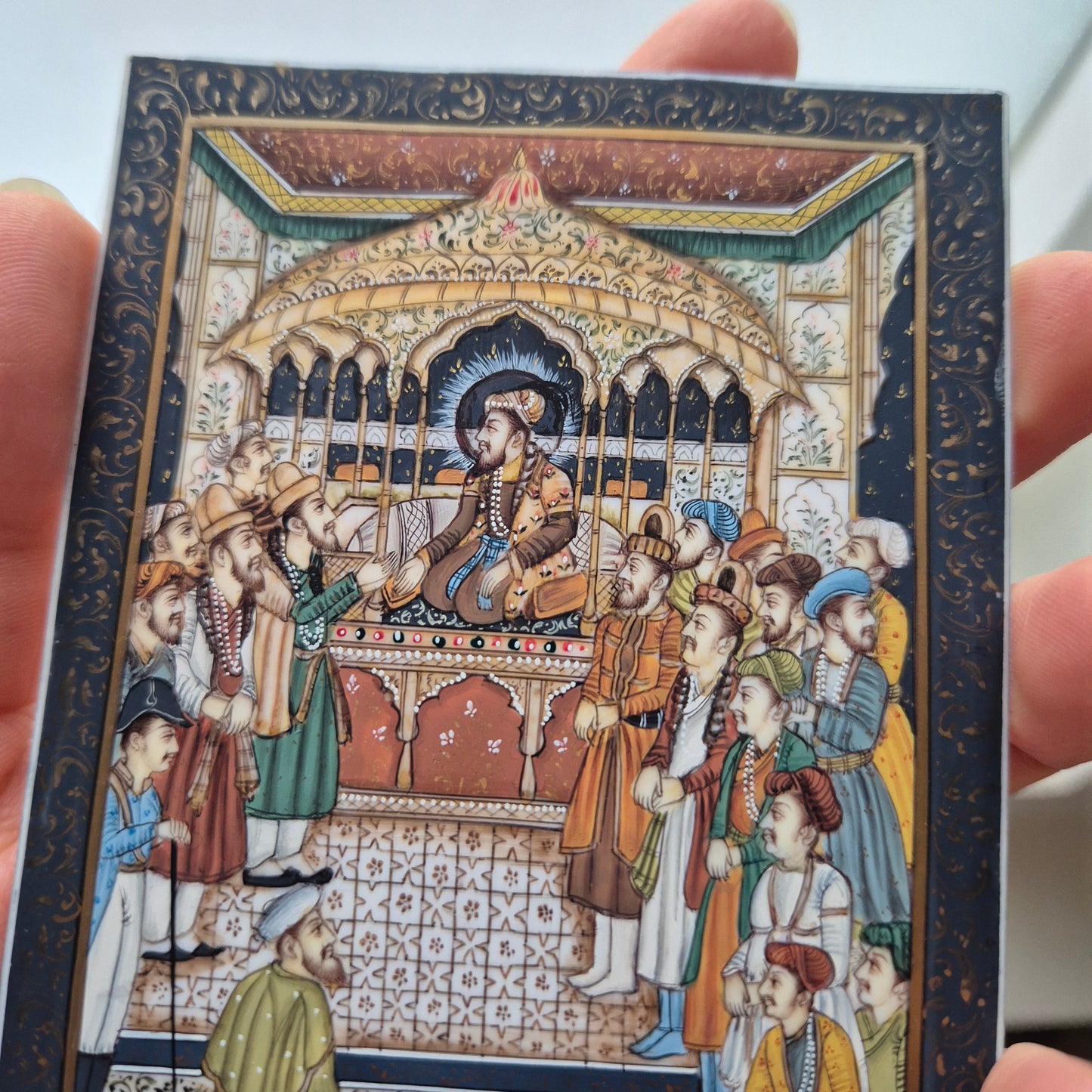 Antike Mogul Miniatur Gemälde Handarbeit König Shamjahan Taj Mahal Gericht Szene