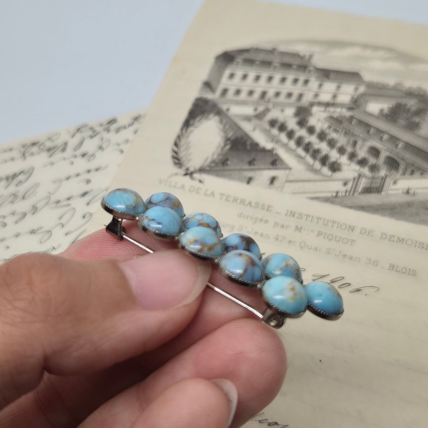 50er Jahre Vintage Brosche hellblau marmoriert silber länglich