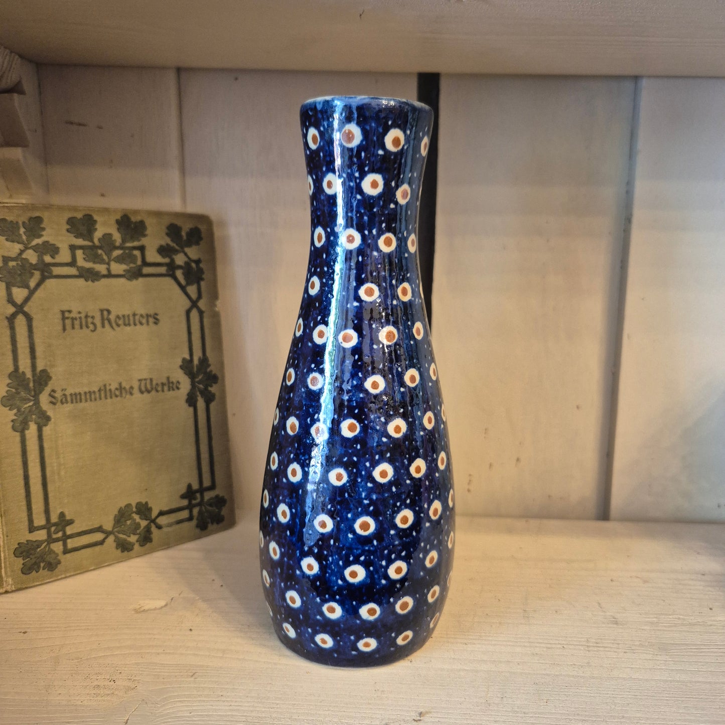 Antike blaue Vase mit Pfauenauge Bunzlau? Keramik