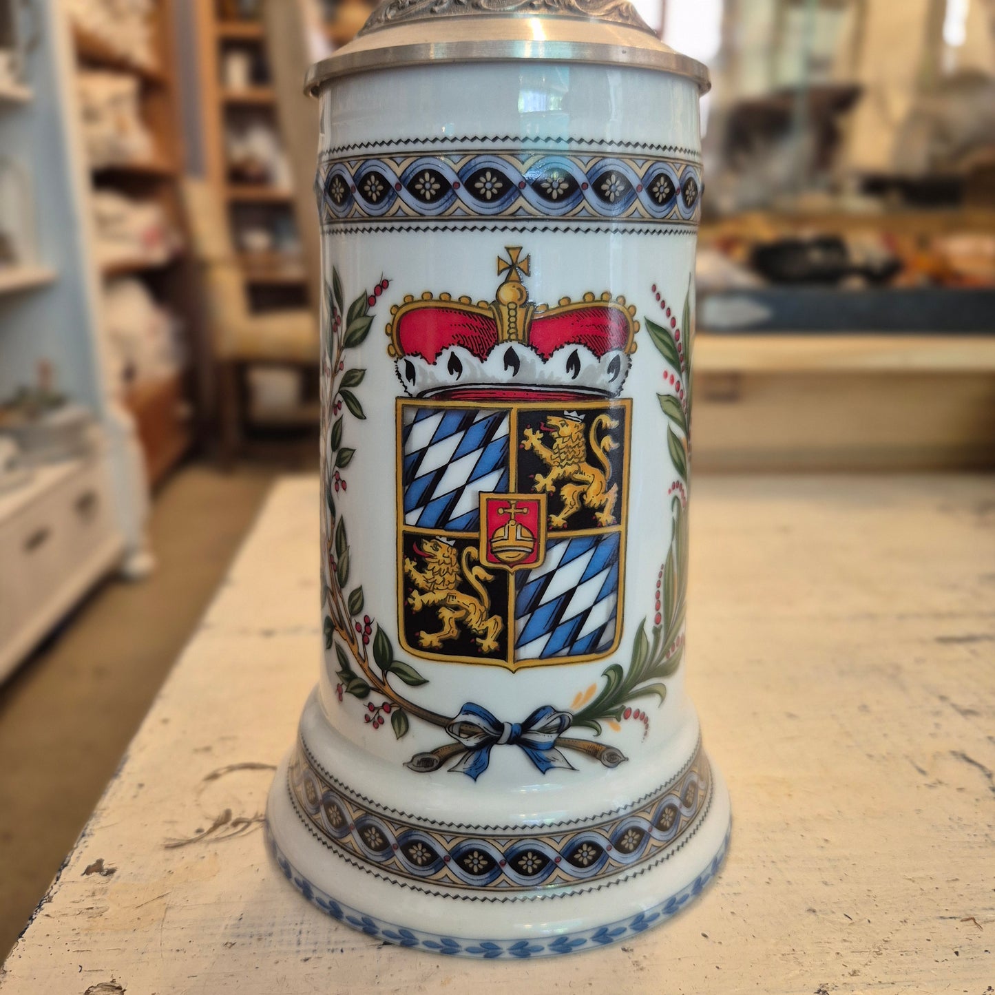 Vintage Porzellan Zinn Bierkrug mit Deckel Geschenk Kühr Sandizell Krug