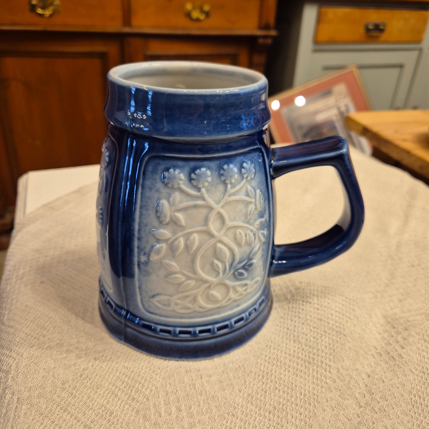 Vintage Keramik Bierkrug oder auch Vase Geschenk blau weiß