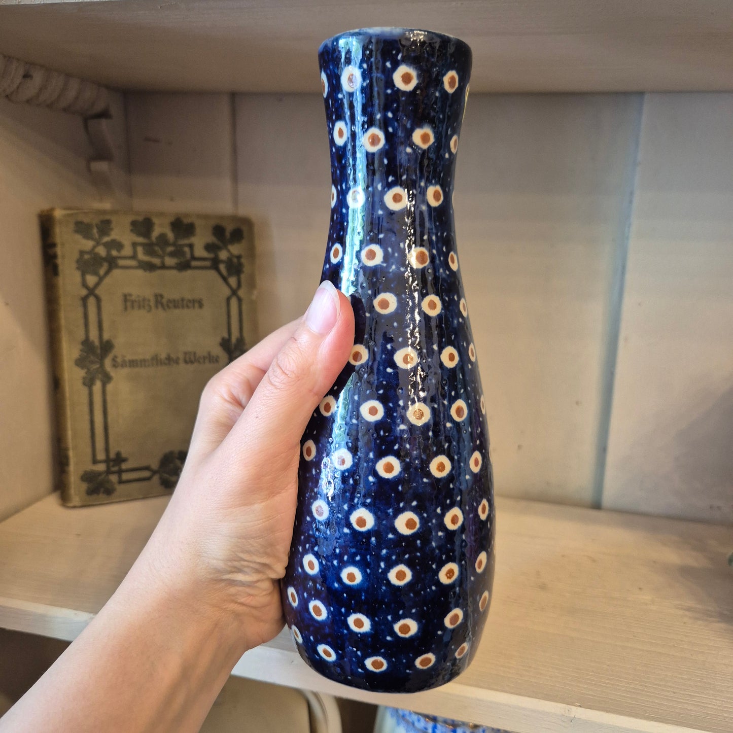 Antike blaue Vase mit Pfauenauge Bunzlau? Keramik