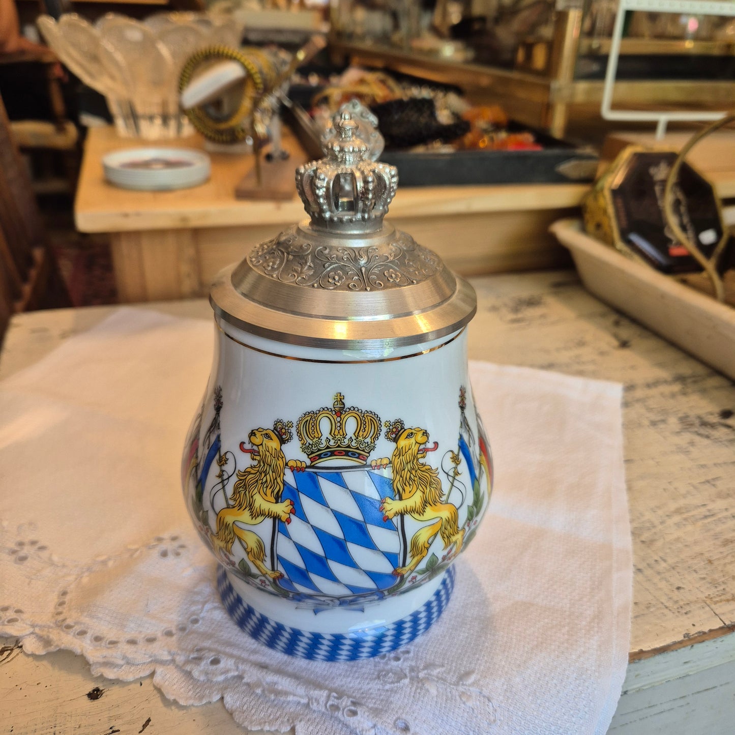 Vintage Porzellan Zinn Bierkrug mit Deckel Geschenk Kühr Sandizell Krug