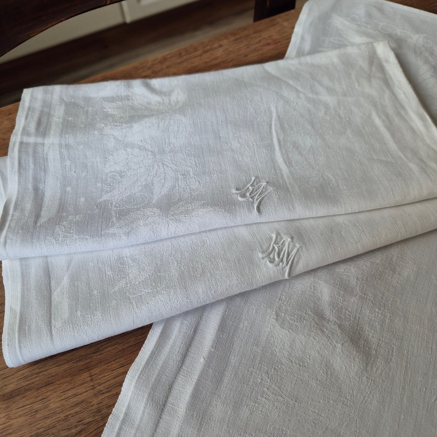 3x Antike Jugendstil Servietten weiß Monogramm K.M Baumwolle 63x63cm