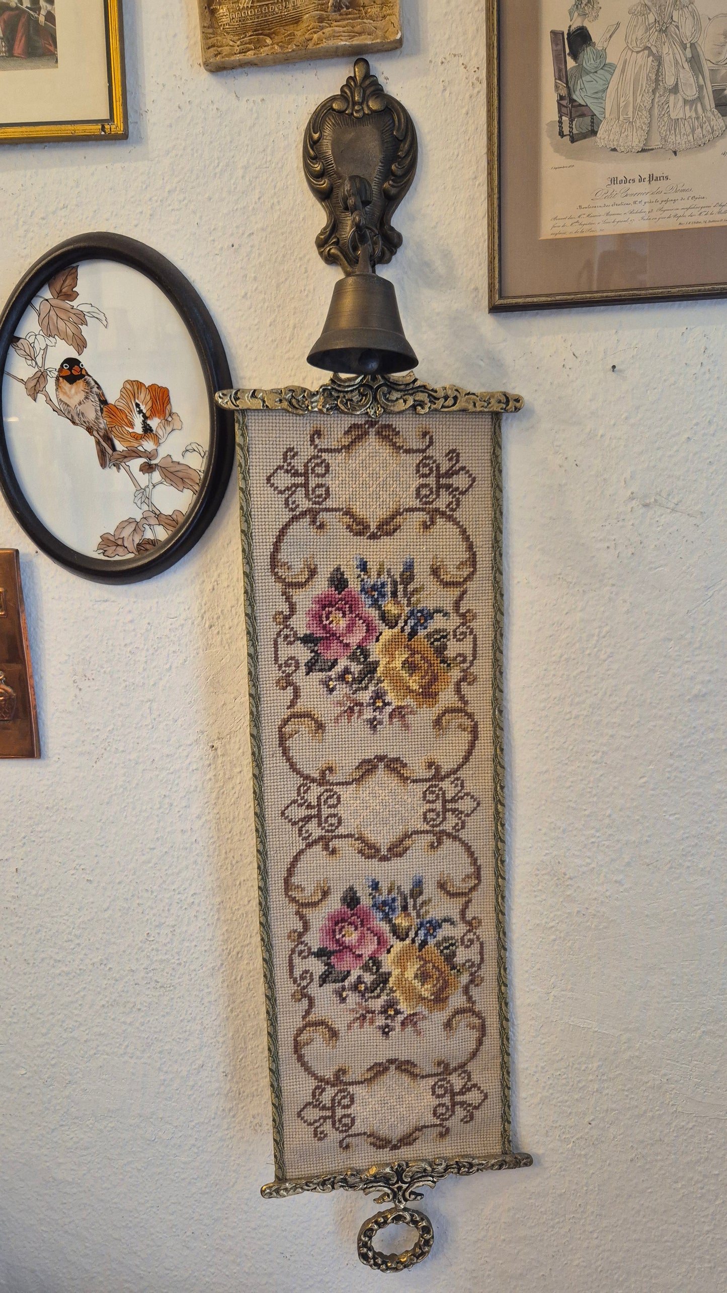 Wandbehang im Gobelin Stil echte Handarbeit & Glocke Türglöcke Tapisserie Bildwirkerei Vintage 60er Jahre
