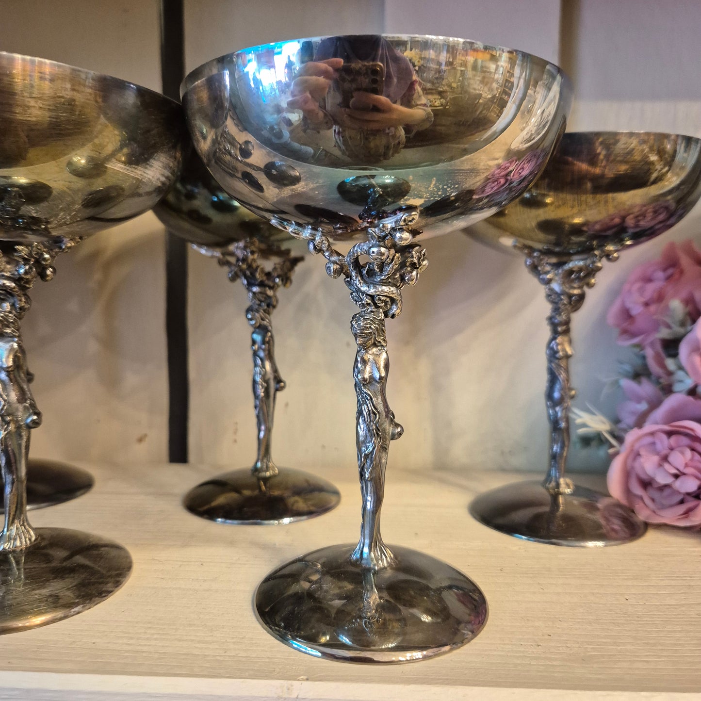 6x Dekorative Jugendstil Champagner Metallkelche versilbert - zum aufpolieren! "Eva mit Apfelbaum"