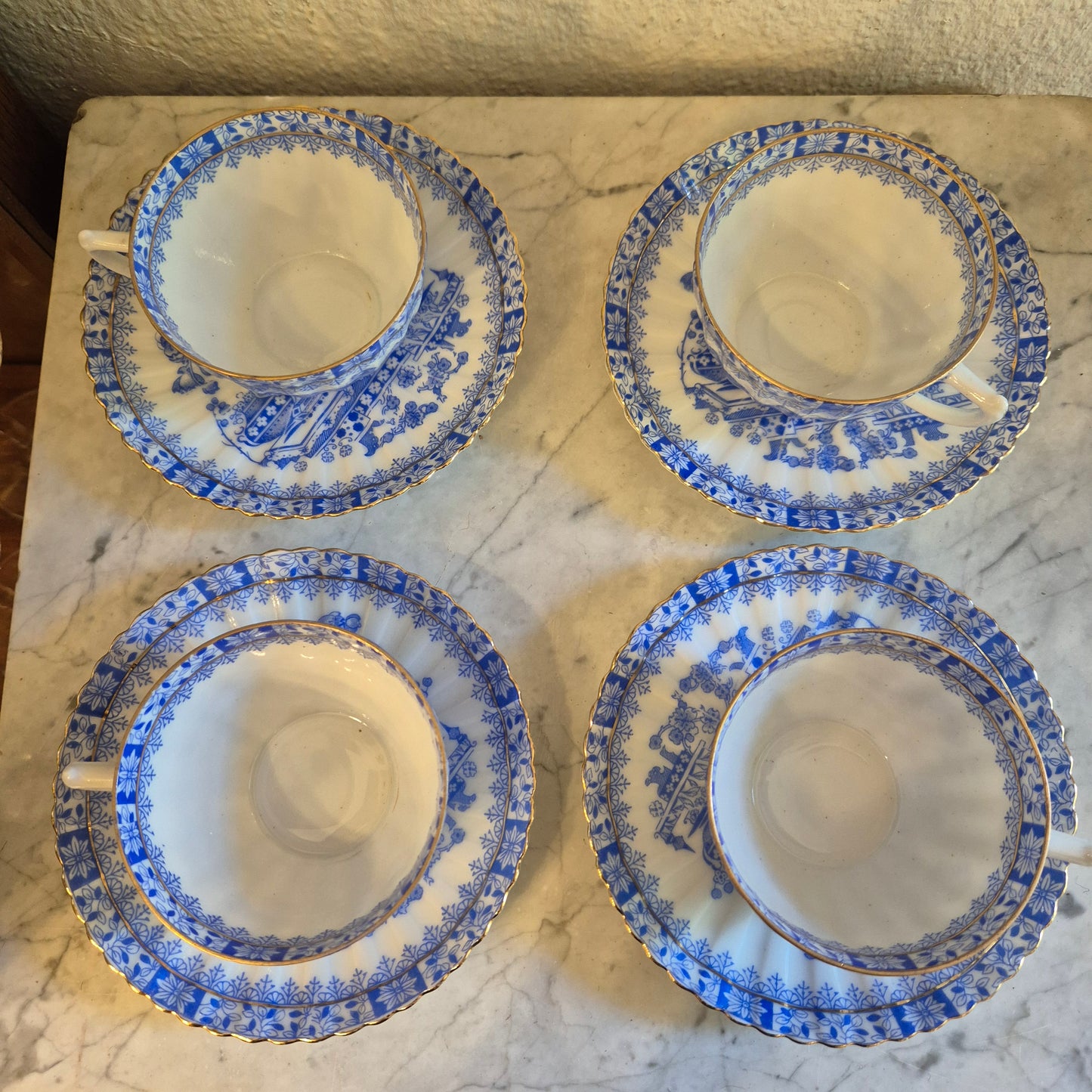 4x Antike Kaffeetassen Echt Tuppack China Blau Tiefenfurt Blau Weiß