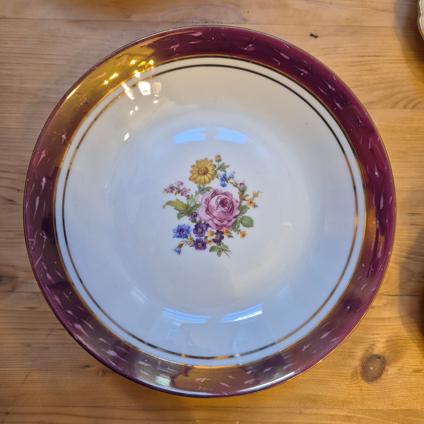 6x Antike tiefe Speiseteller Blumendekor weiß mit lila Goldrand