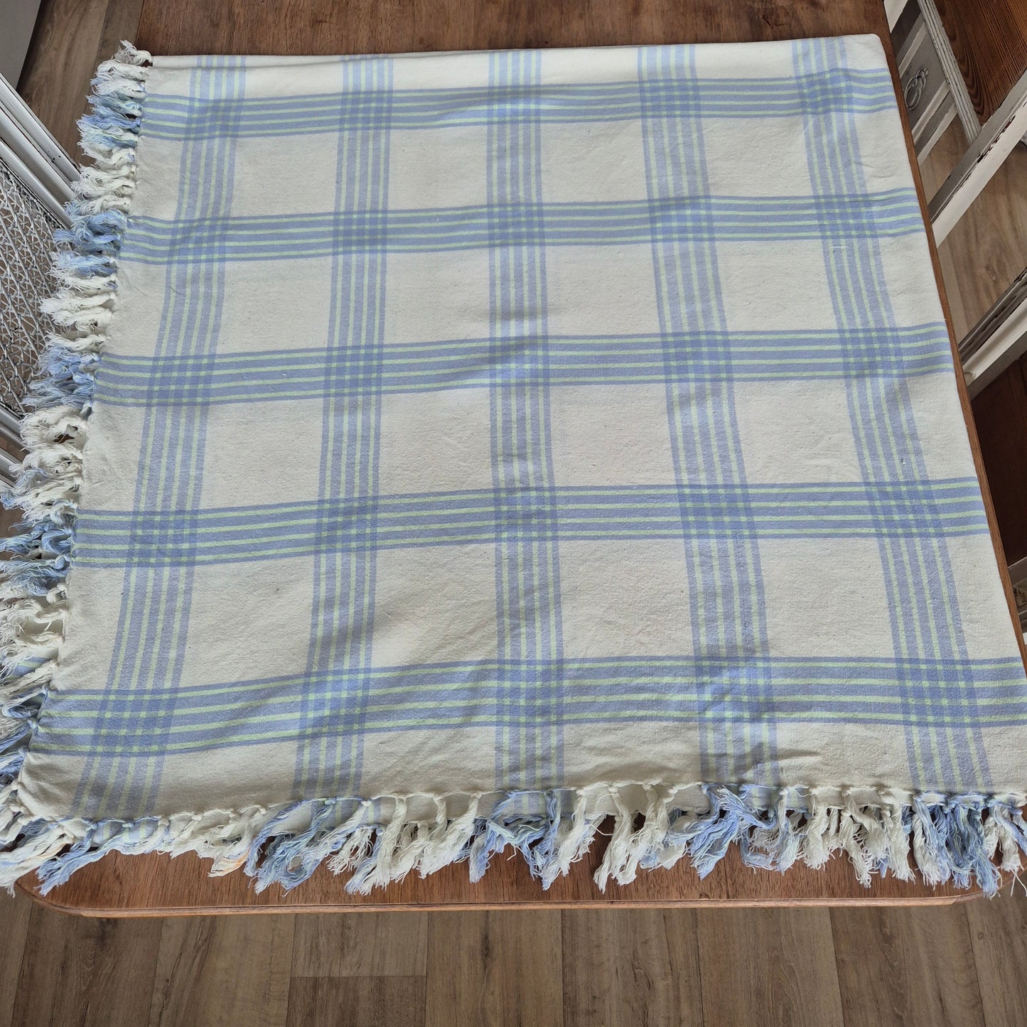 Vintage Karo Tischdecke grün blau Baumwolle 165x165cm