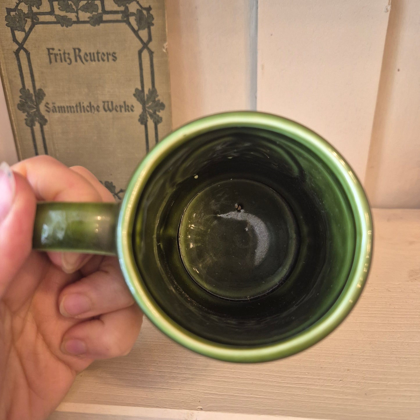 Vintage Keramik Bierkrug Grün Geschenk mit Schiff Motiv