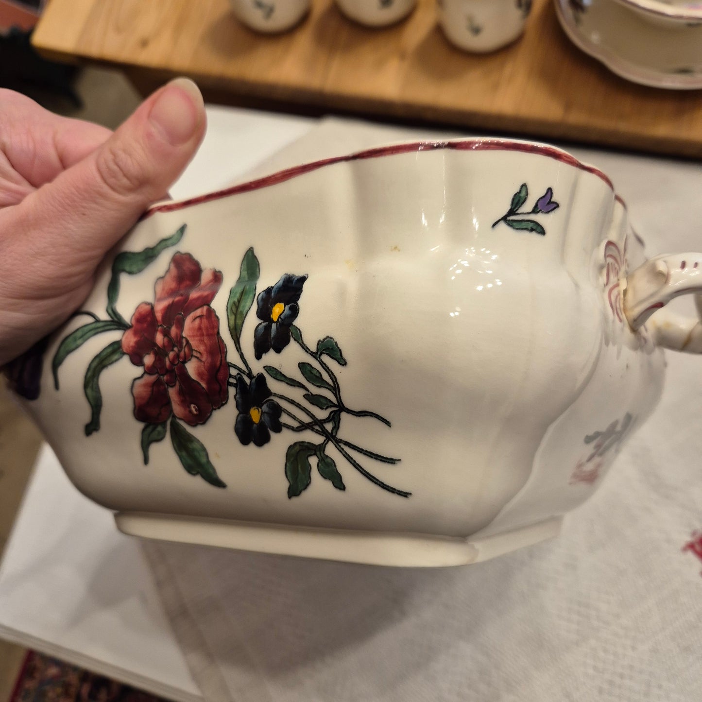 Vintage Zell am Harmersbach Alt Straßburg Servierschüssel mit Griff Keramik Blumen (geklebt)