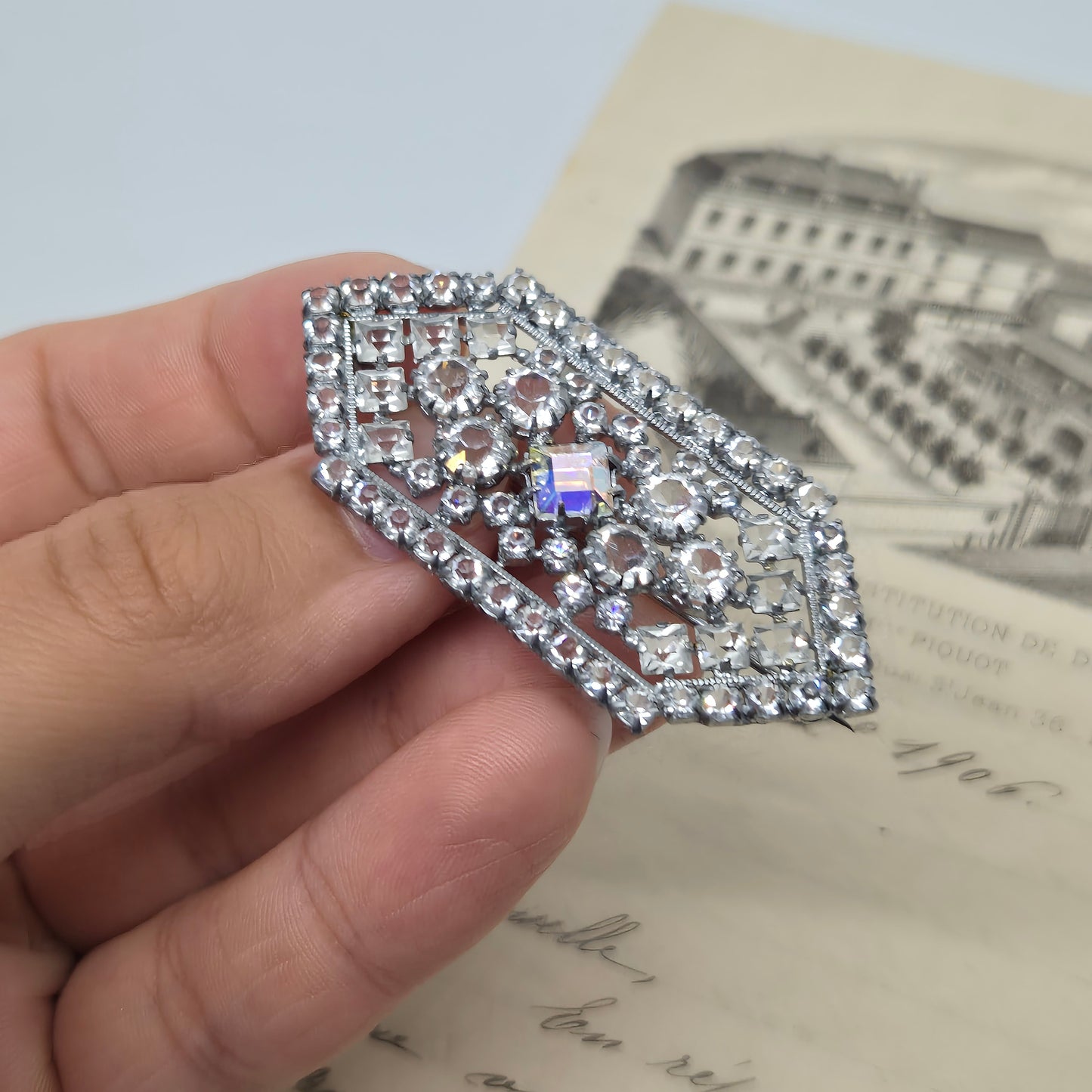 50er Jahre Vintage Brosche Glitzer Strass Silber Art Deco Rosa