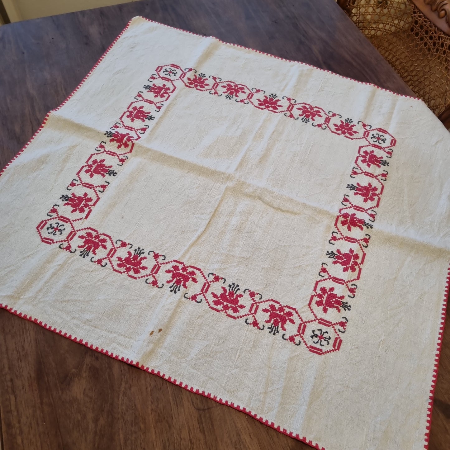 Vintage Tischdecke Handgemacht Baumwolle Leinen 75x75cm 🤍