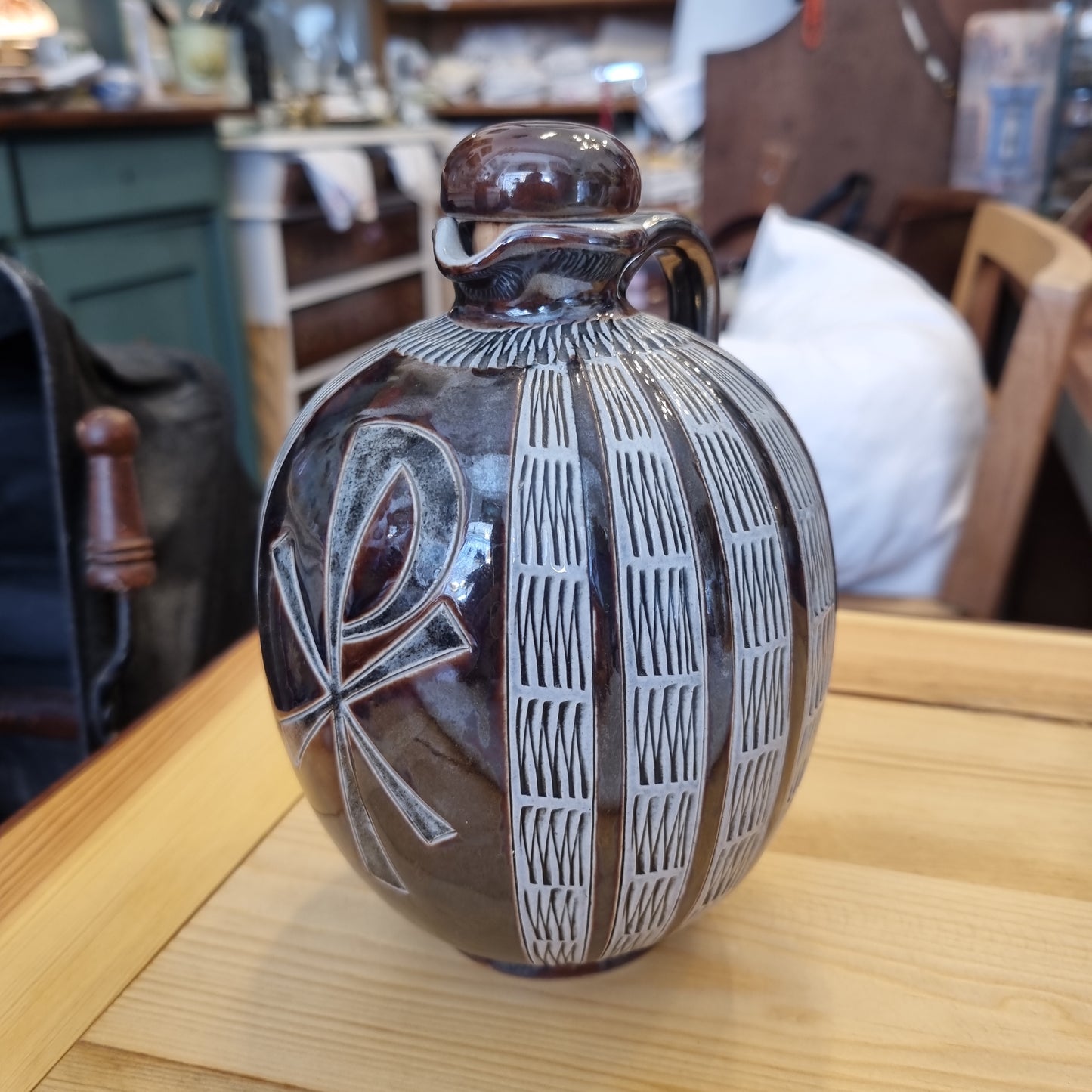 Antiker Keramik Rum Krug Weinflasche mit Stopfen Korken Verschluss 60er Jahre Midcentury
