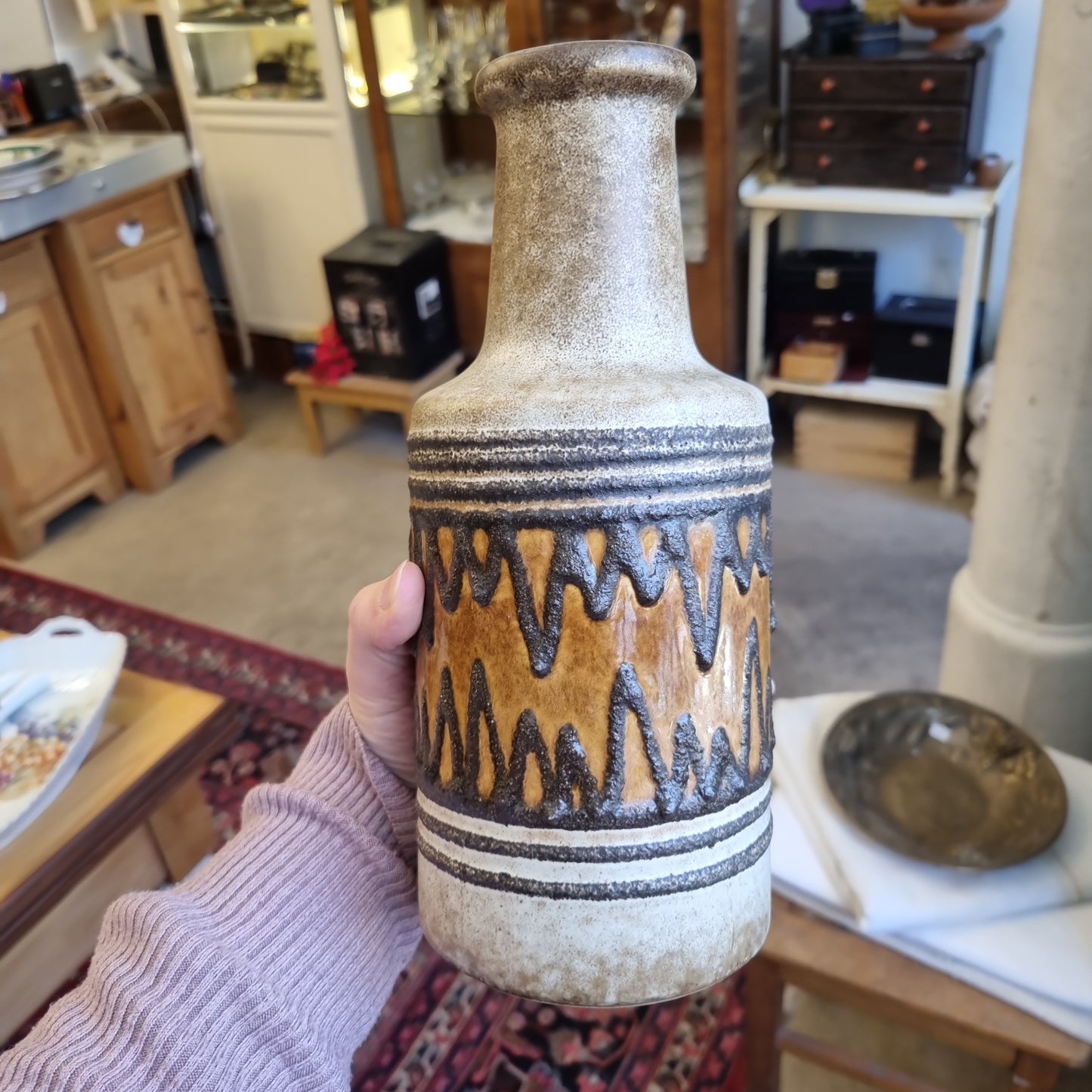 60er Jahre Steingut Vase Handmade Lava braun beige orange Retro Vintage