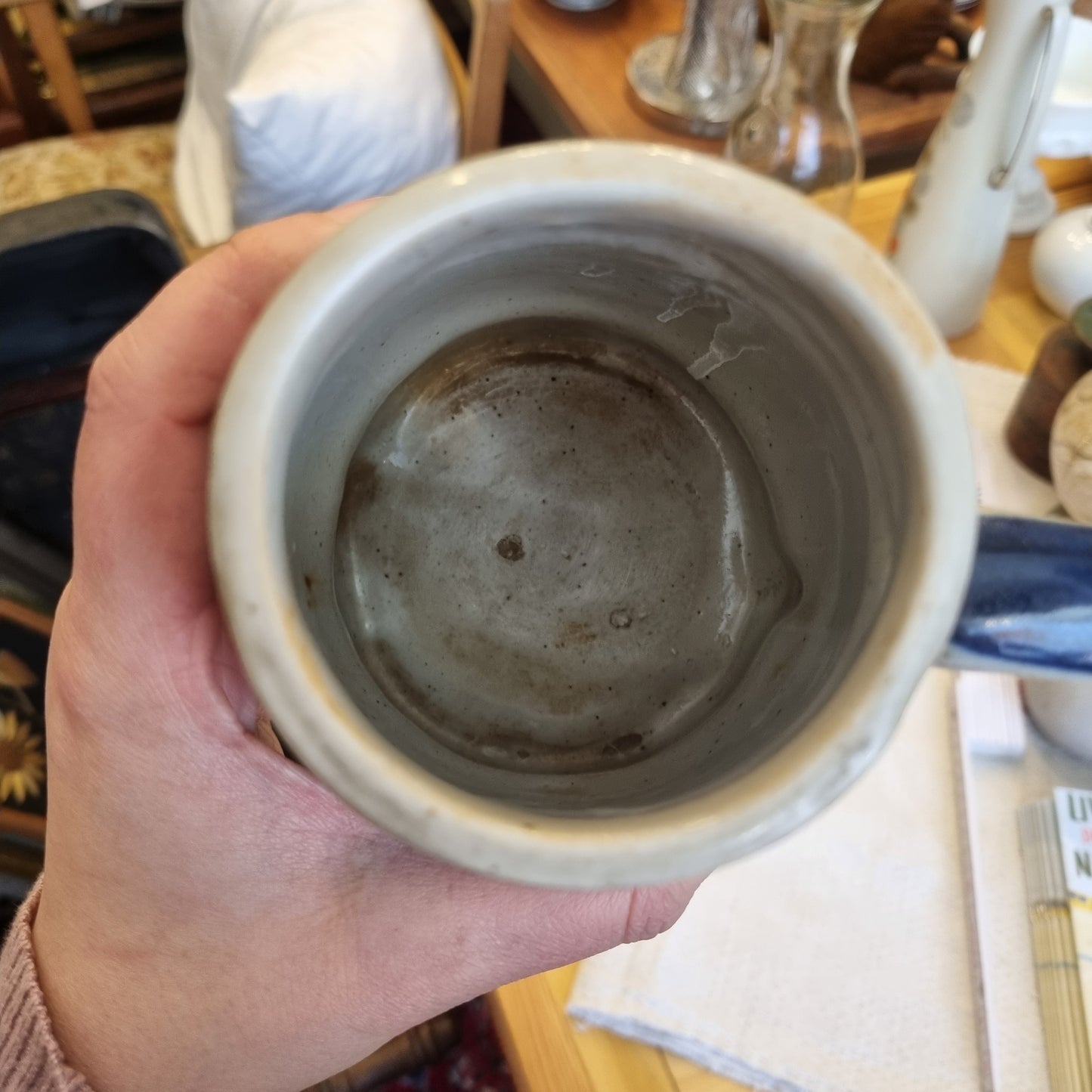 Keramik Krug blau grau Blume Bierkrug Landhaus Übertopf