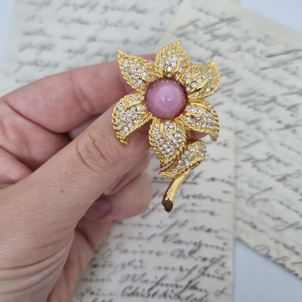 Einzigartige Art Jugendstil Vintage Brosche Antik 50er Jahre Gold Strass Rosa Blume