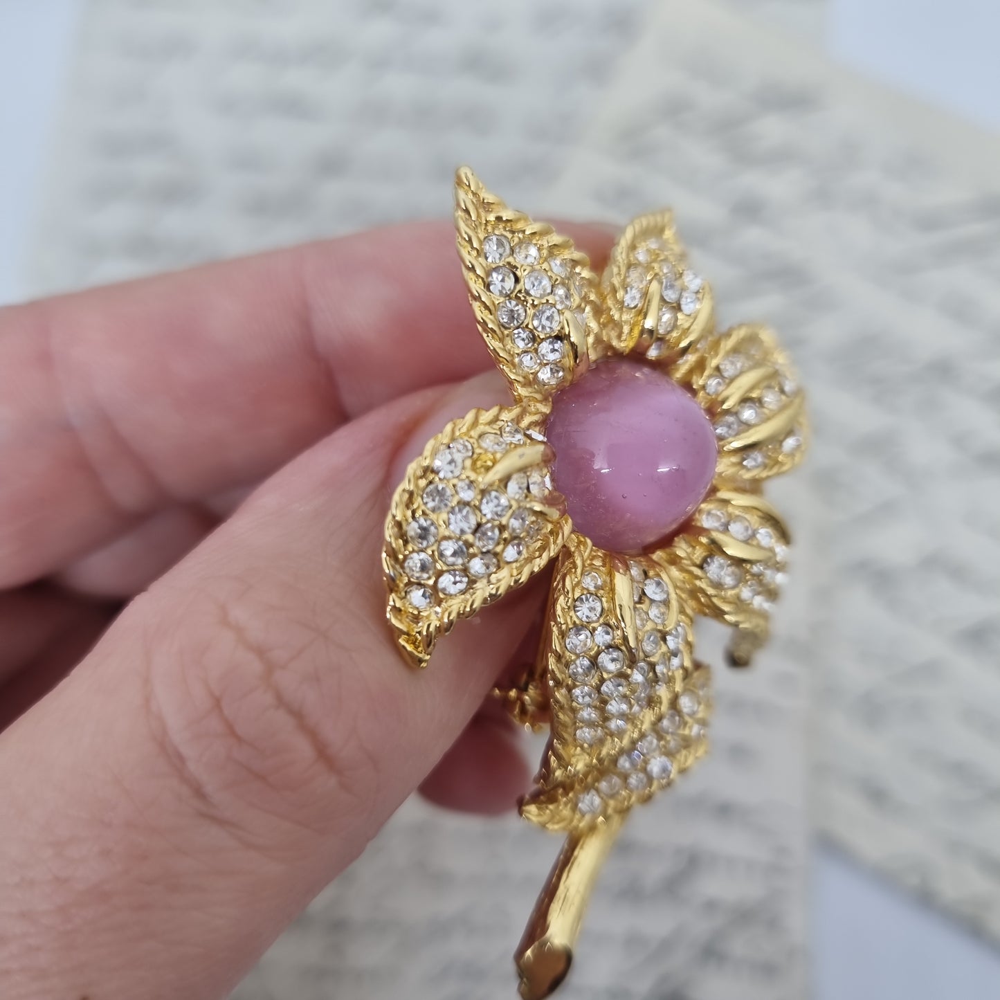 Einzigartige Art Jugendstil Vintage Brosche Antik 50er Jahre Gold Strass Rosa Blume