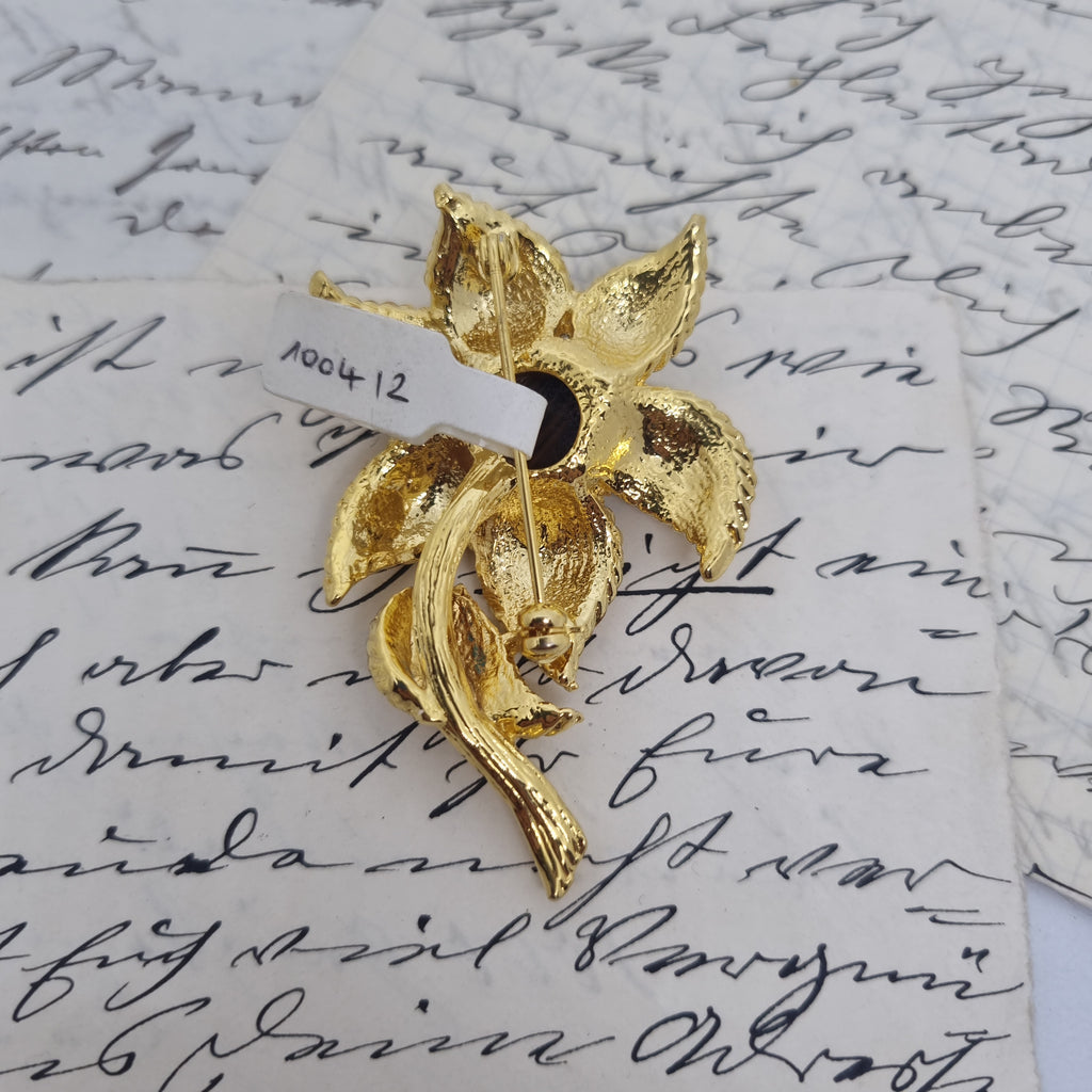 Einzigartige Art Jugendstil Vintage Brosche Antik 50er Jahre Gold Strass Braun Blume