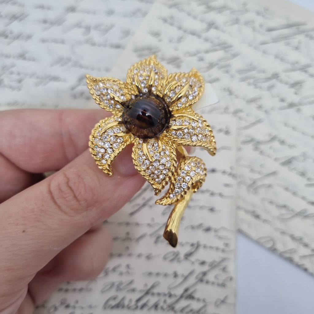 Einzigartige Art Jugendstil Vintage Brosche Antik 50er Jahre Gold Strass Braun Blume