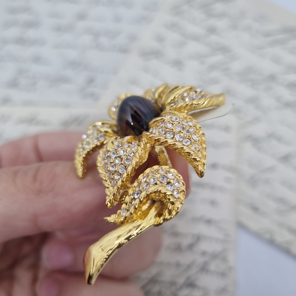 Einzigartige Art Jugendstil Vintage Brosche Antik 50er Jahre Gold Strass Braun Blume