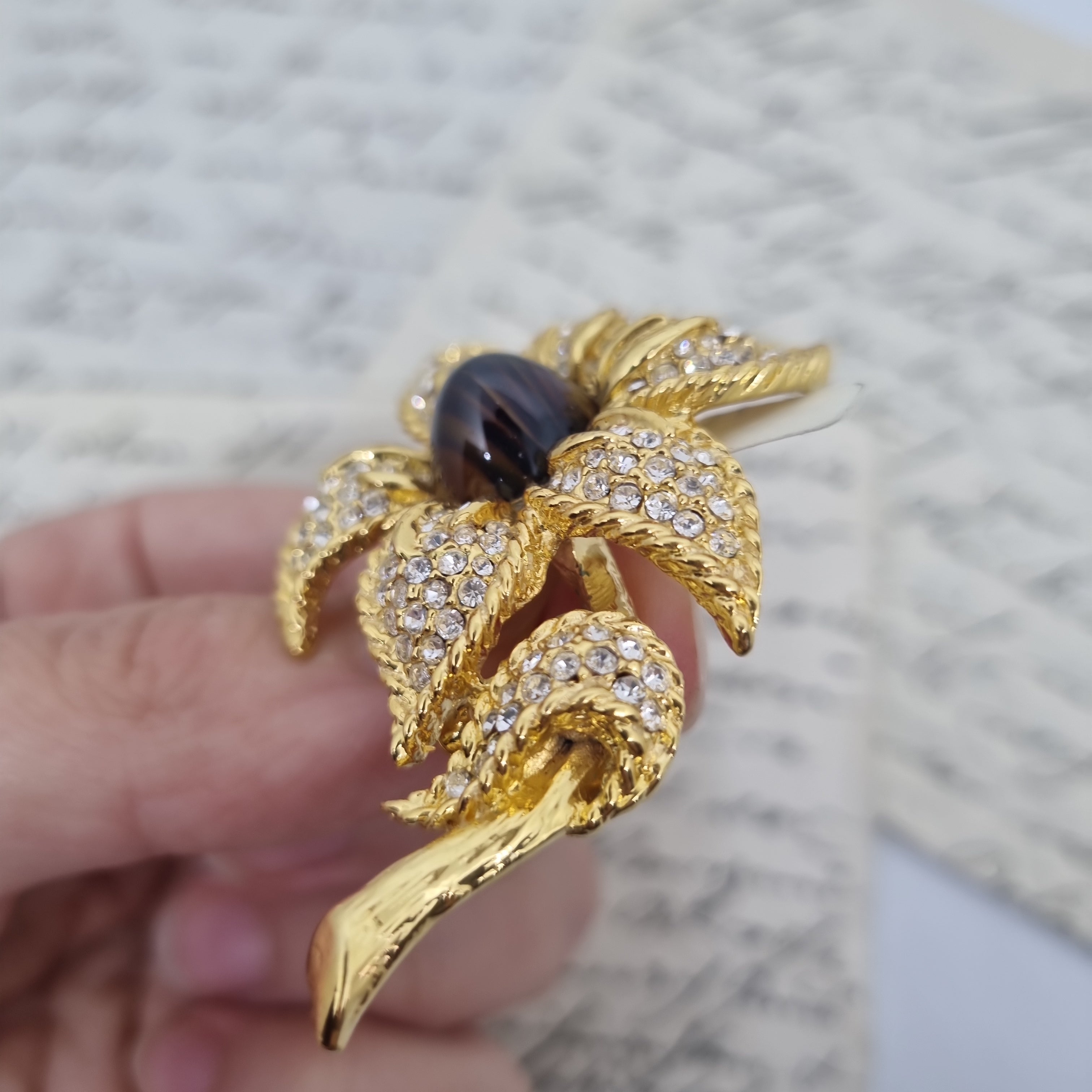 Einzigartige Art Jugendstil Vintage Brosche Antik 50er Jahre Gold Strass Braun Blume