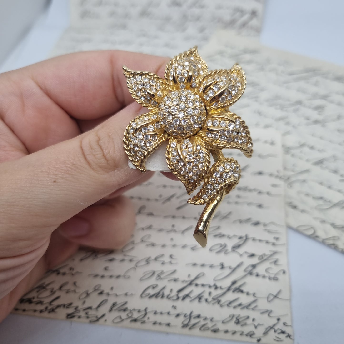 Einzigartige Art Jugendstil Vintage Brosche Antik 50er Jahre Gold Strass Blume