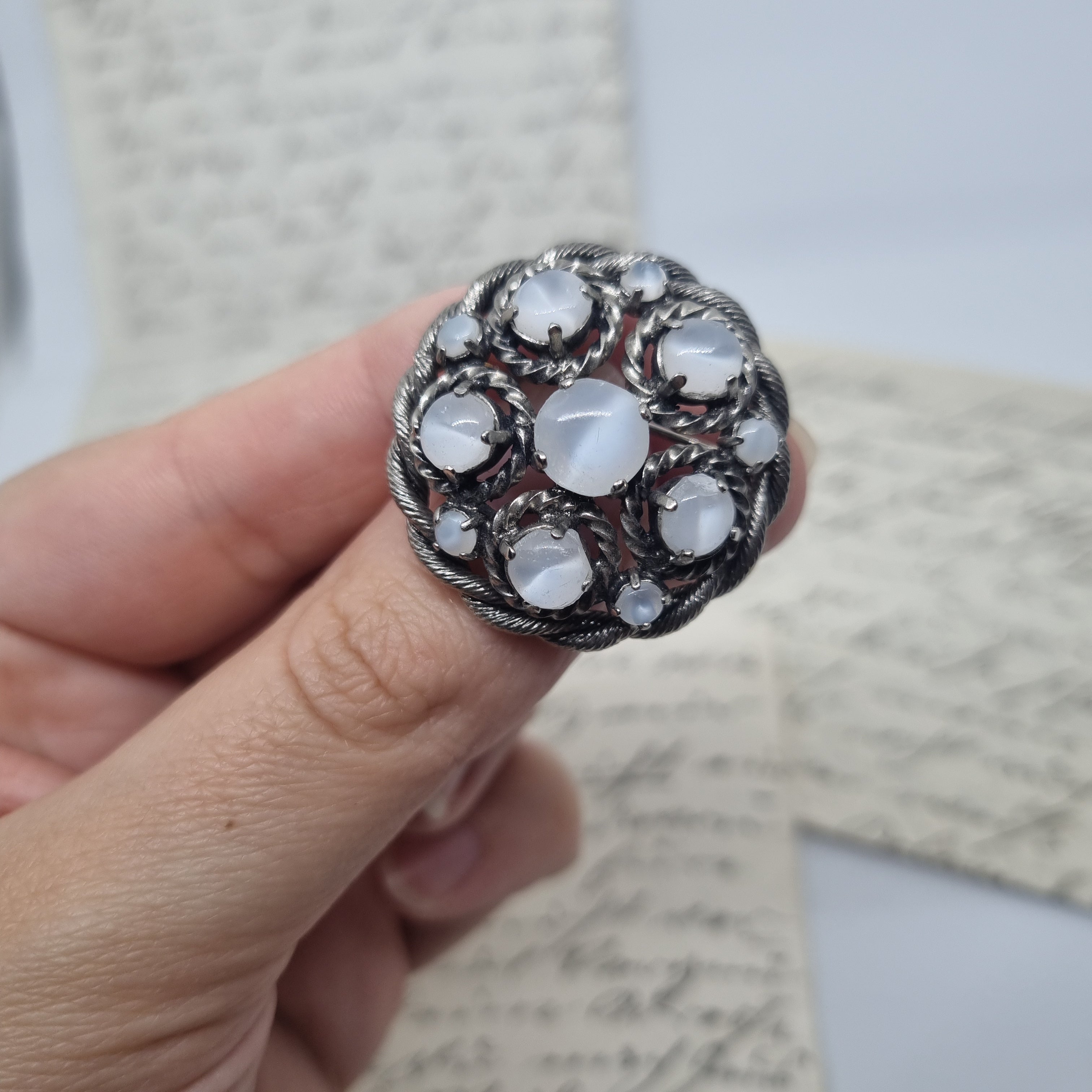 Große Art Jugendstil Einzigartige Vintage Brosche Antik 50er Jahre Silber Grau