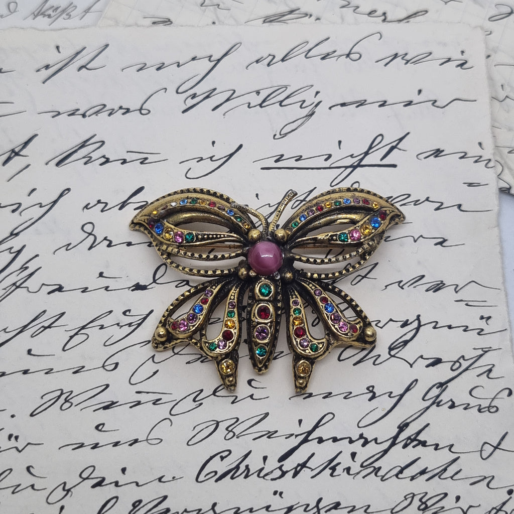 Einzigartige Vintage Brosche Antik 50er Jahre Art Jugendstil Schmetterling Gold Strass