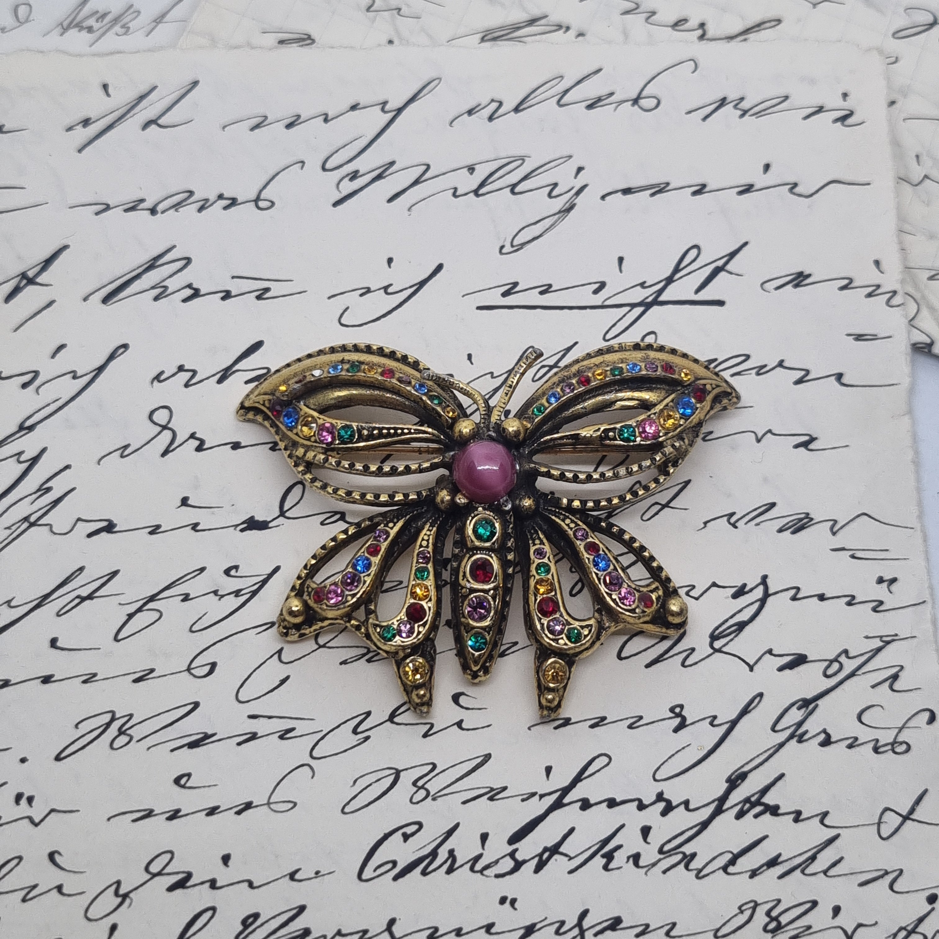 Einzigartige Vintage Brosche Antik 50er Jahre Art Jugendstil Schmetterling Gold Strass