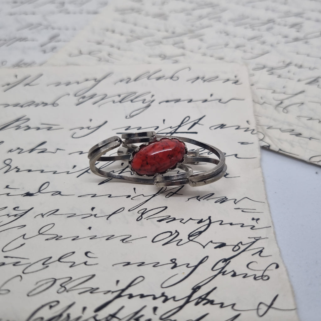 Einzigartige Vintage Brosche Antik 50er Jahre Art Jugendstil Silber Rot