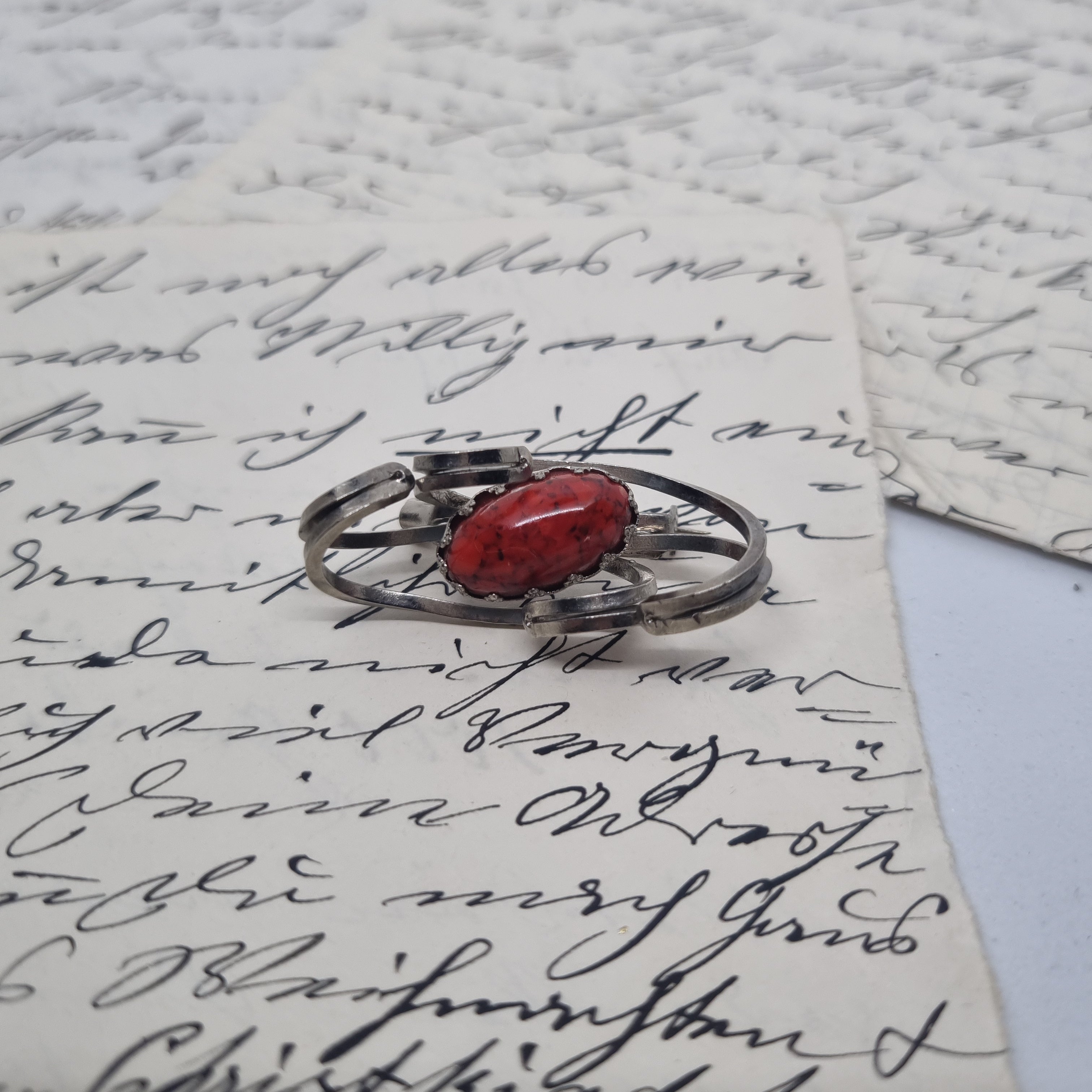 Einzigartige Vintage Brosche Antik 50er Jahre Art Jugendstil Silber Rot