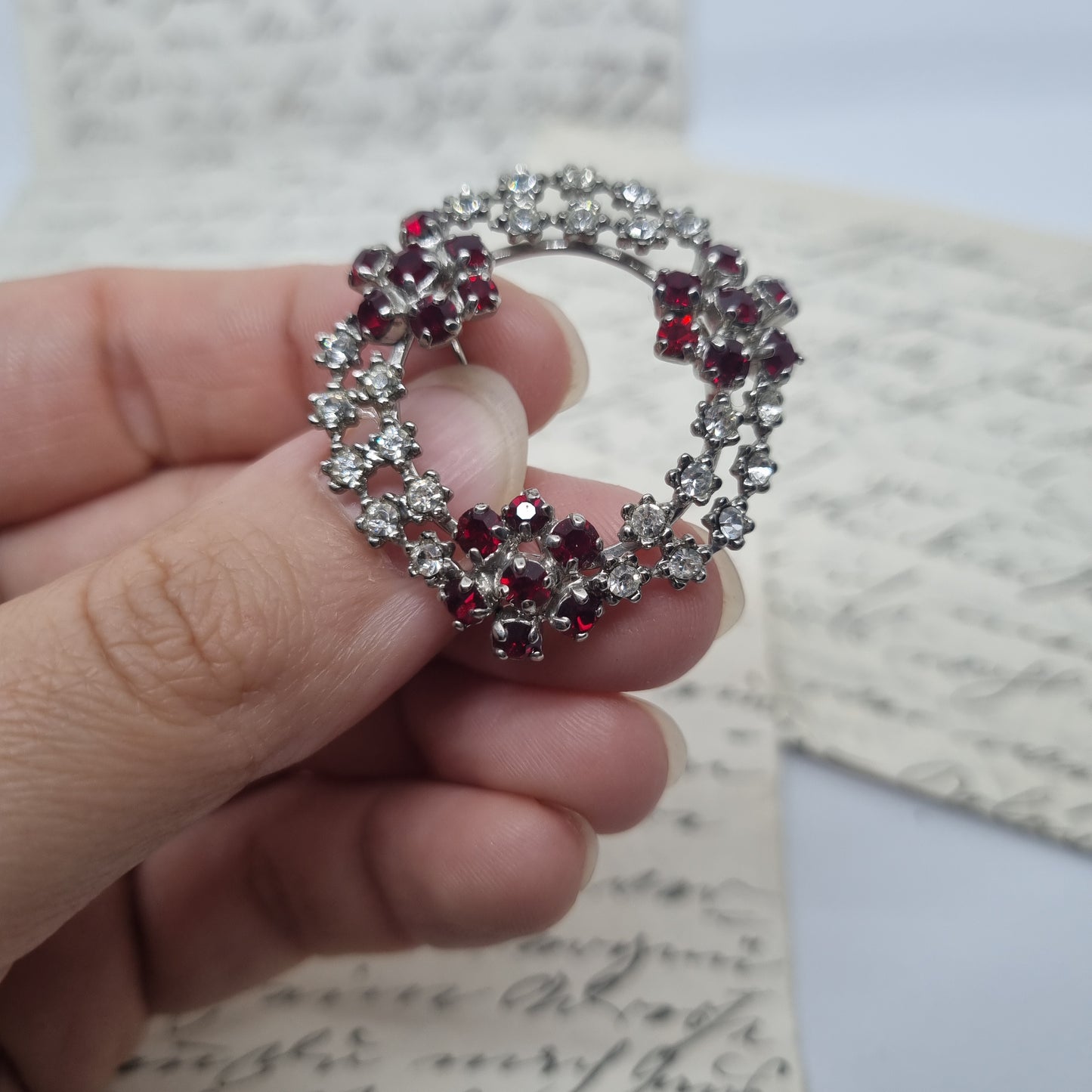 Einzigartige Vintage Brosche Antik 50er Jahre Art Jugendstil Strass Ring Rot